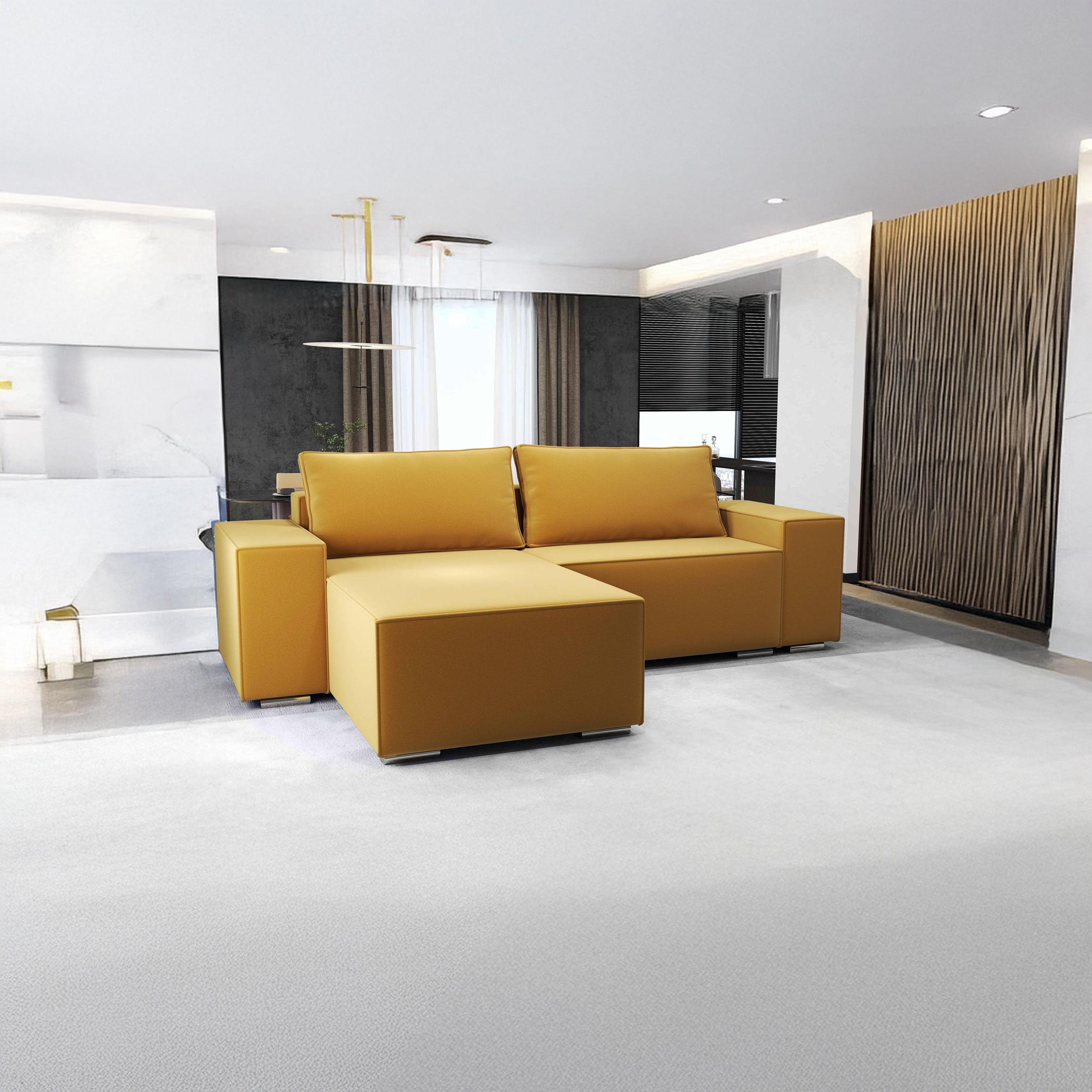 Colțar extensibil dumonde cu ladă de depozitare si sezut confortabil din spuma HR, Dream Royal Mustar 290x185 cm Fabrica