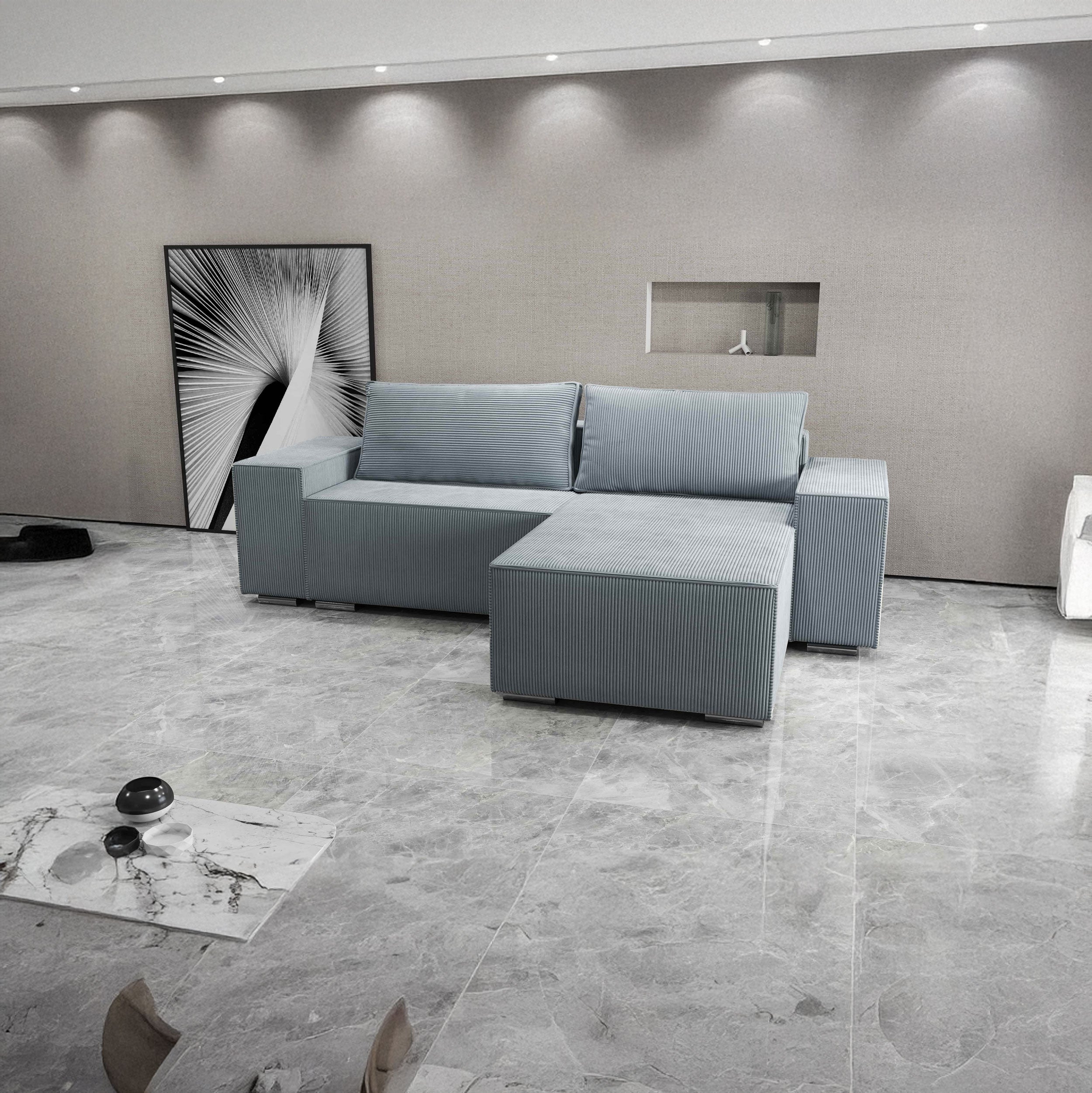 Colțar extensibil dumonde cu ladă de depozitare si sezut confortabil din spuma HR, Dream Zoom Gri Mint 290x185 cm II Fabrica