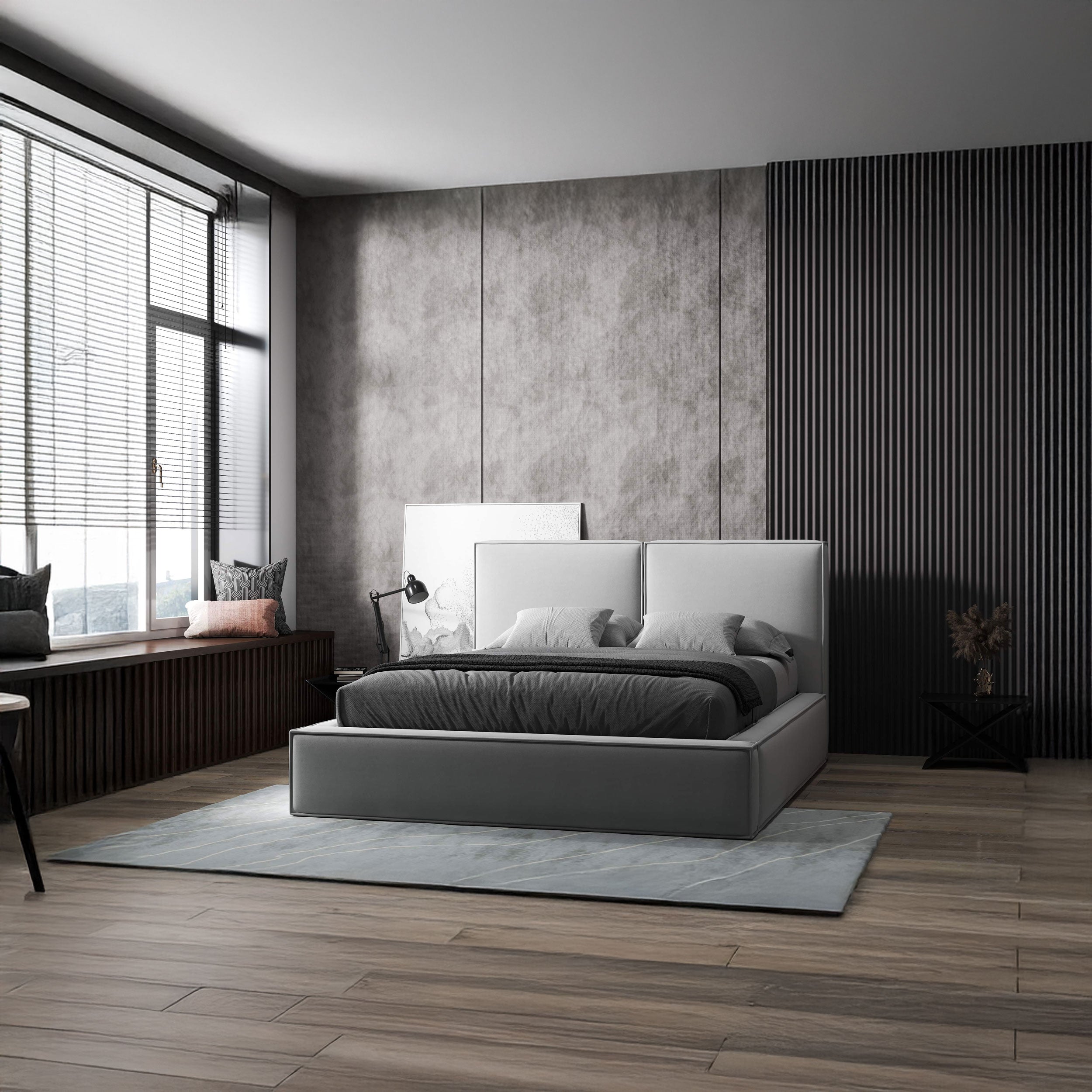 Pat dormitor dumonde, tapitat bej, Dreamer 160x200 cm, somiera rabatabila inclusa, spatiu depozitare WLS