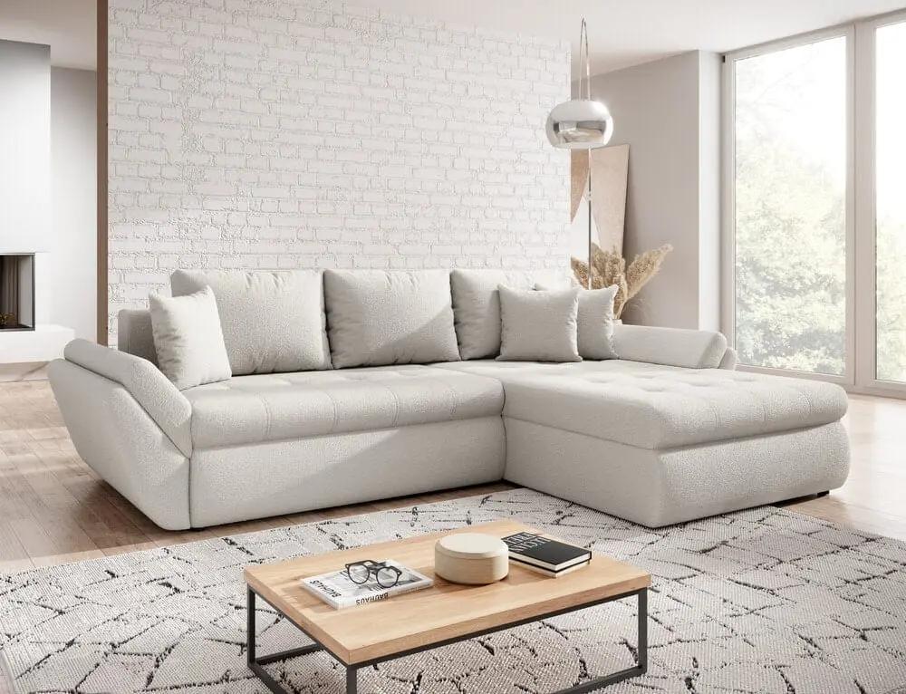 Colțar extensibil cu ladă de depozitare si sezut confortabil din spuma HR, Loana Euphoria Ivory II 275x185 cm