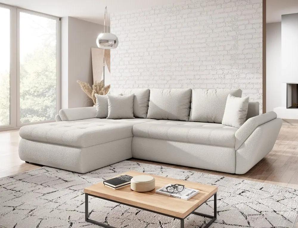 Colțar extensibil cu ladă de depozitare si sezut confortabil din spuma HR, Loana Euphoria Ivory 275x185 cm