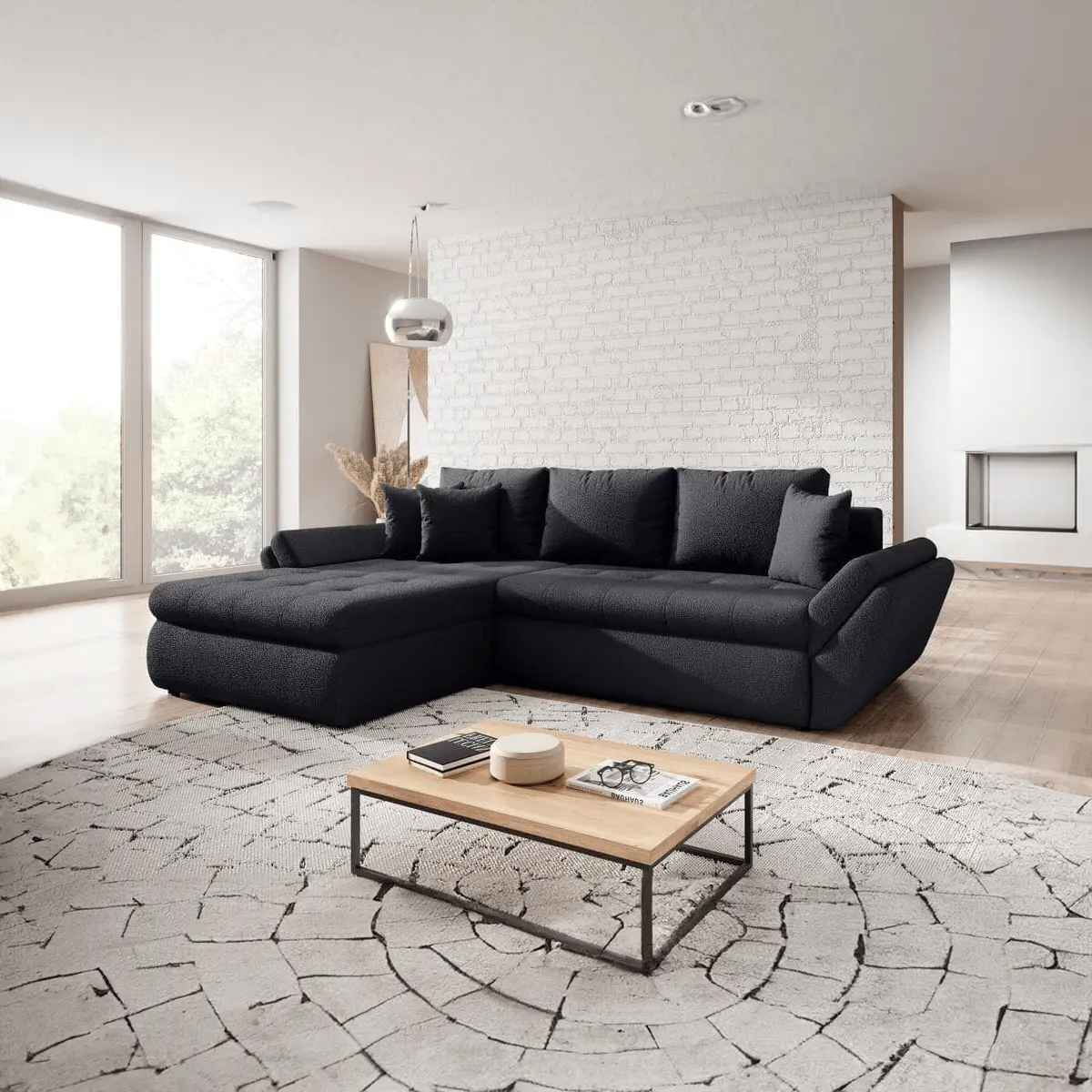 Colțar extensibil dumonde cu ladă de depozitare si sezut confortabil din spuma HR, Loana Euphoria Black 270x185 cm Fabrica