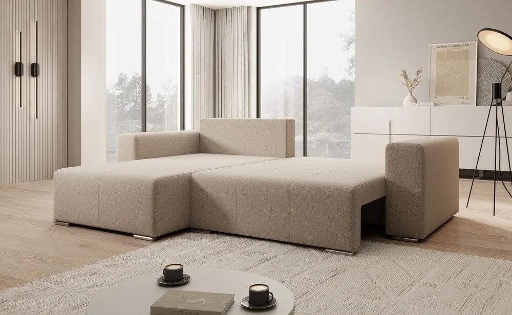Colțar extensibil cu ladă de depozitare si sezut confortabil din spuma HR, Marbela Beige 275x185 cm