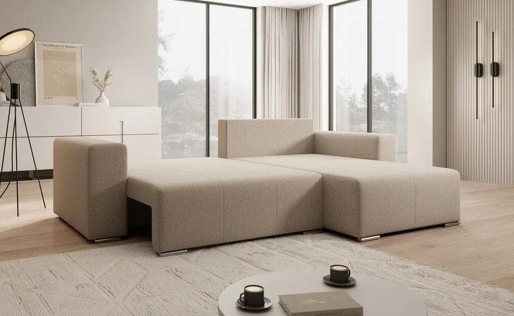 Colțar extensibil cu ladă de depozitare si sezut confortabil din spuma HR, Marbela Beige II 275x185 cm