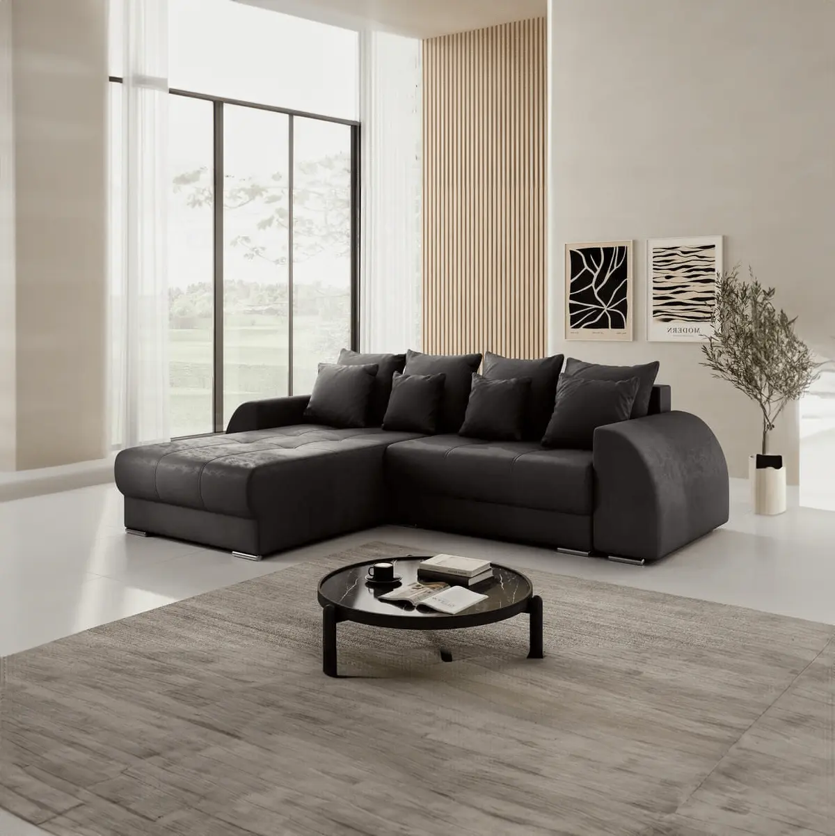 Colțar extensibil dumonde cu ladă de depozitare si sezut confortabil din spuma HR, Verona Antracit 290x185 cm Fabrica