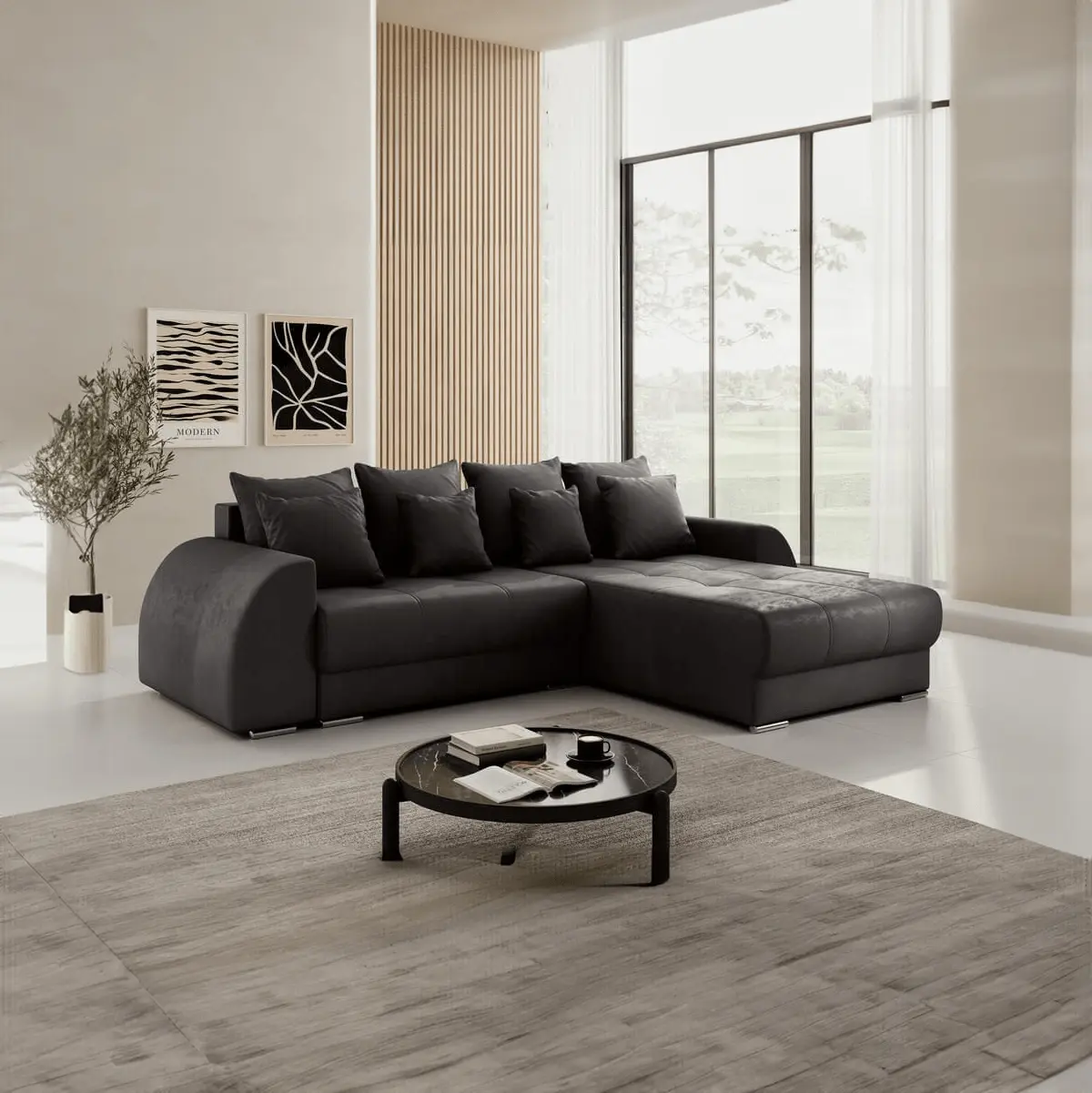 Colțar extensibil dumonde cu ladă de depozitare si sezut confortabil din spuma HR, Verona Antracit II 290x185 cm Fabrica