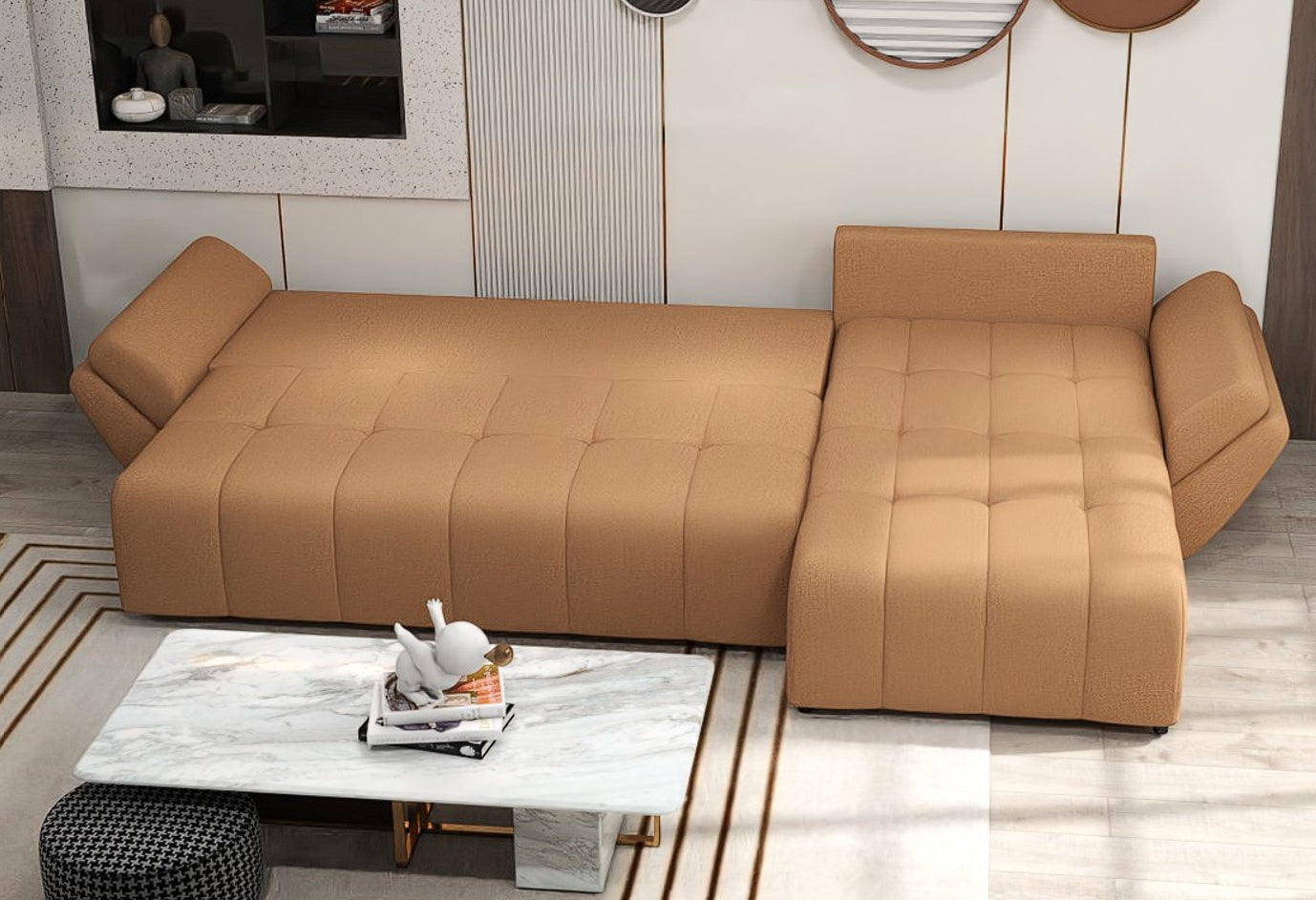 Colțar extensibil dumonde cu ladă de depozitare si sezut confortabil din spuma HR, Berlin XL Enjoy Mango 350x185 cm II Fabrica