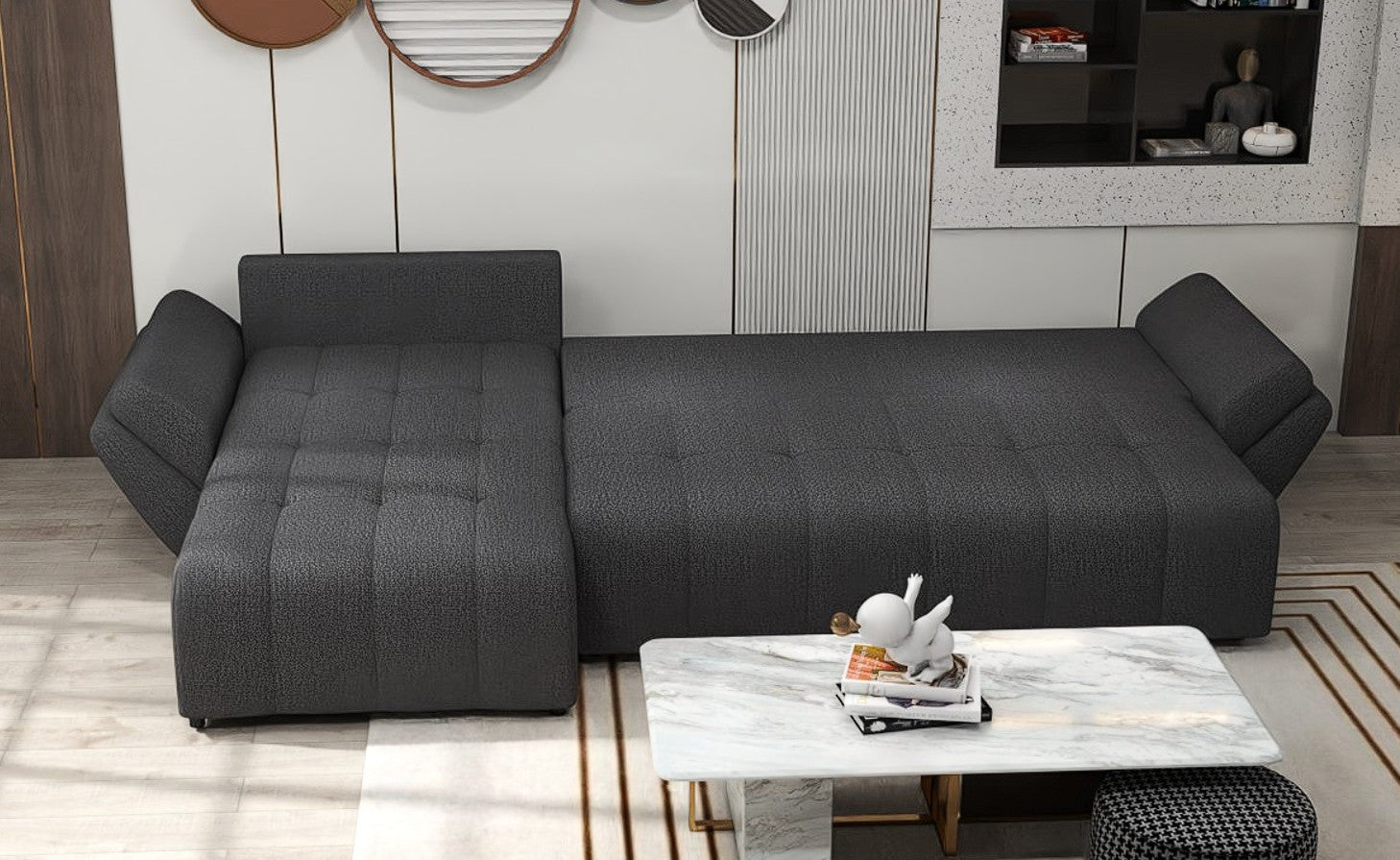 Colțar extensibil dumonde cu ladă de depozitare si sezut confortabil din spuma HR, Berlin XL Enjoy Graphite 350x185 cm Fabrica