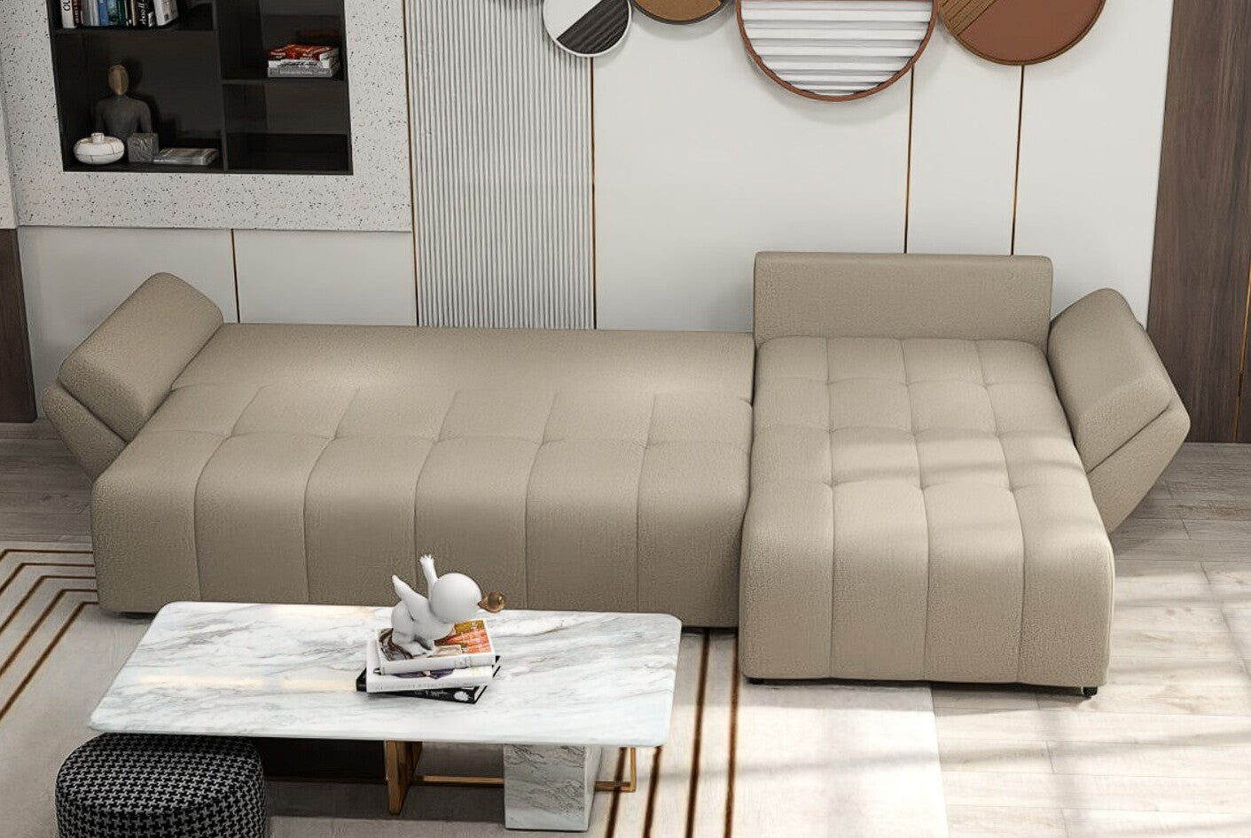 Colțar extensibil dumonde cu ladă de depozitare si sezut confortabil din spuma HR, Berlin XL Enjoy Camel 350x185 cm II Fabrica