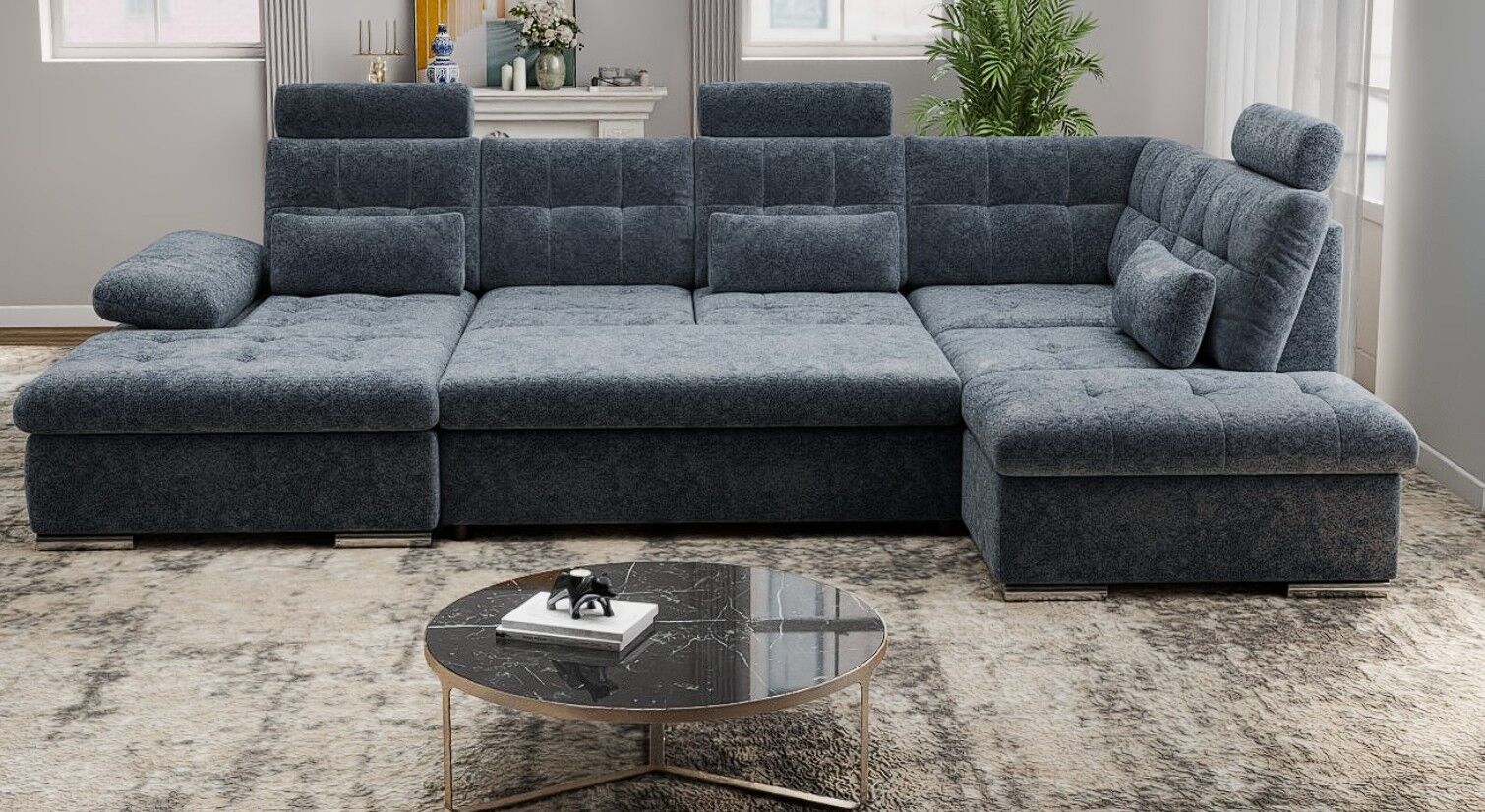 Colțar extensibil dumonde cu ladă de depozitare și șezut confortabil din spumă HR, Merkur U Euphoria Gri Grafit 324x218 cm