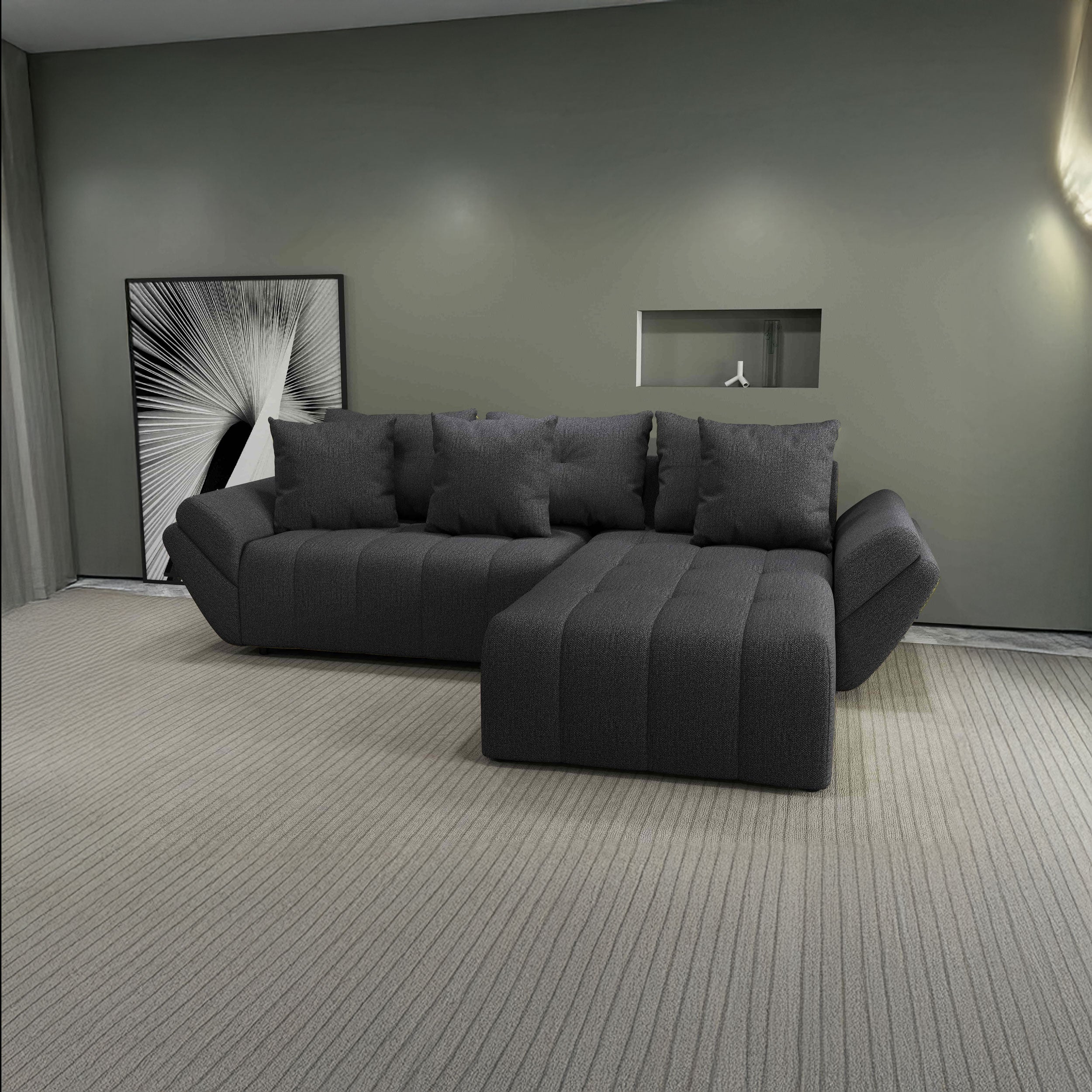 Colțar extensibil dumonde cu ladă de depozitare si sezut confortabil din spuma HR, Berlin Enjoy Grafit 280x185 cm II Fabrica