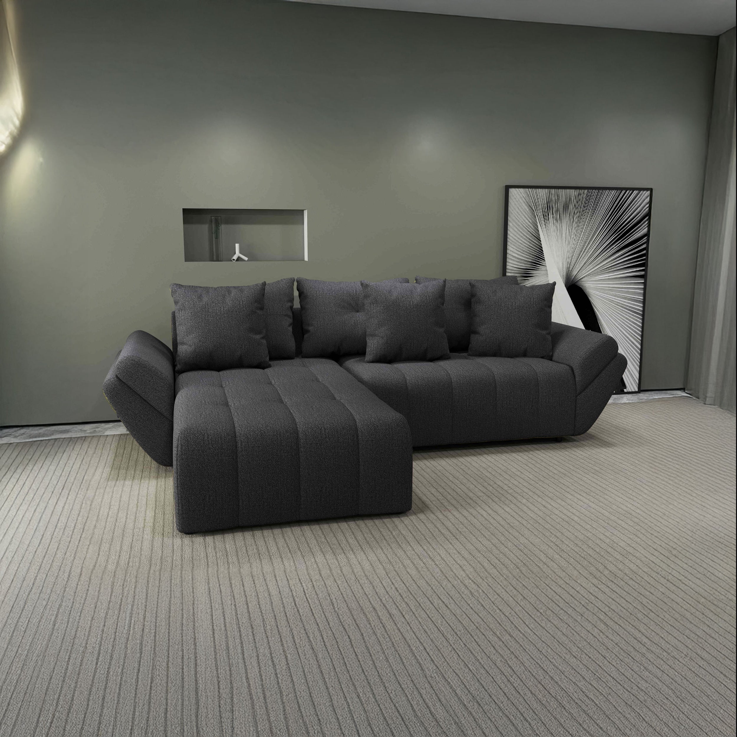 Colțar extensibil dumonde cu ladă de depozitare si sezut confortabil din spuma HR, Berlin Enjoy Grafit 280x185 cm Fabrica