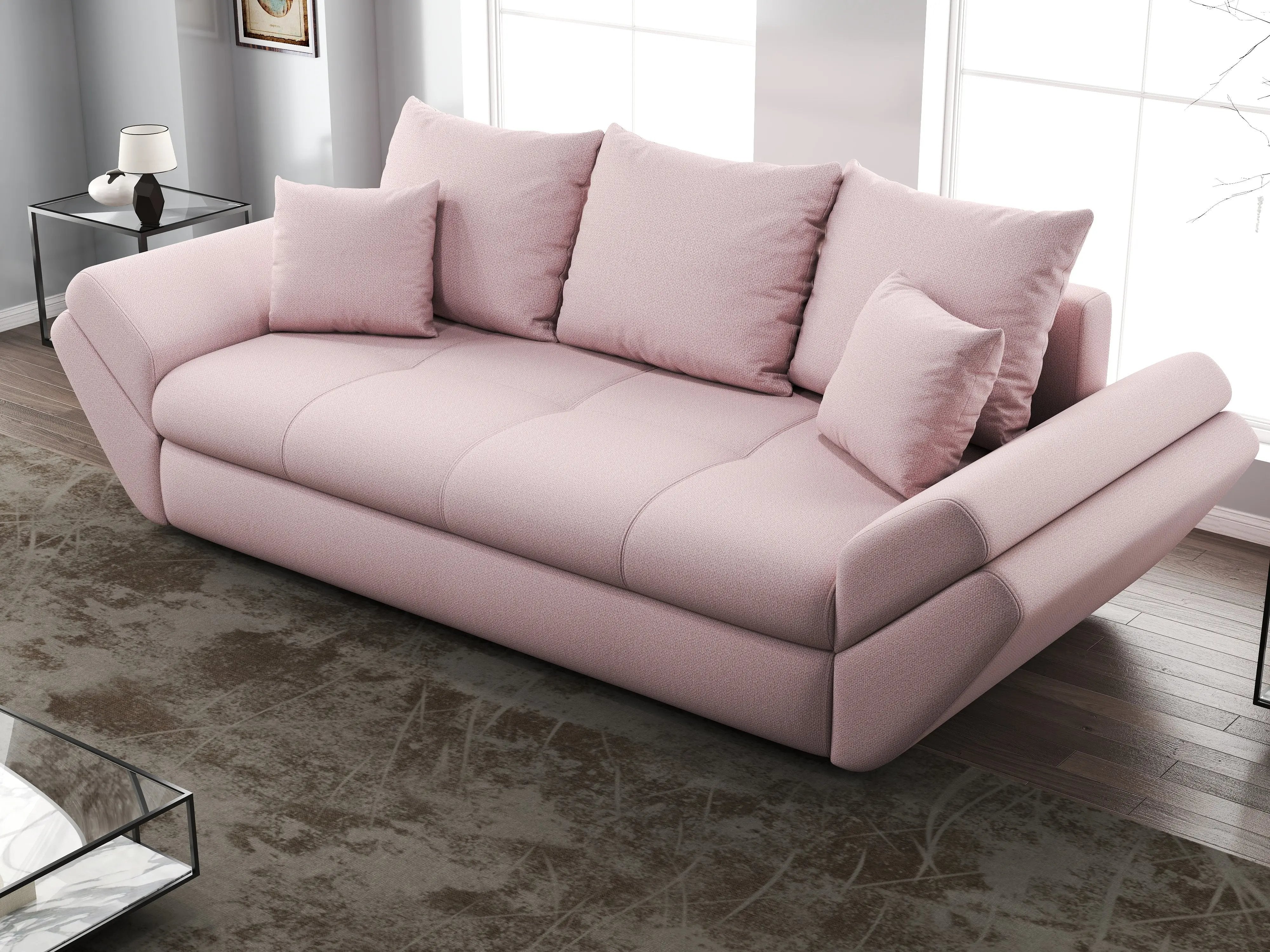 Canapea extensibilă dumonde cu ladă de depozitare si sezut confortabil din spuma HR, Loana Enjoy Flamingo 250x100 cm Fabrica