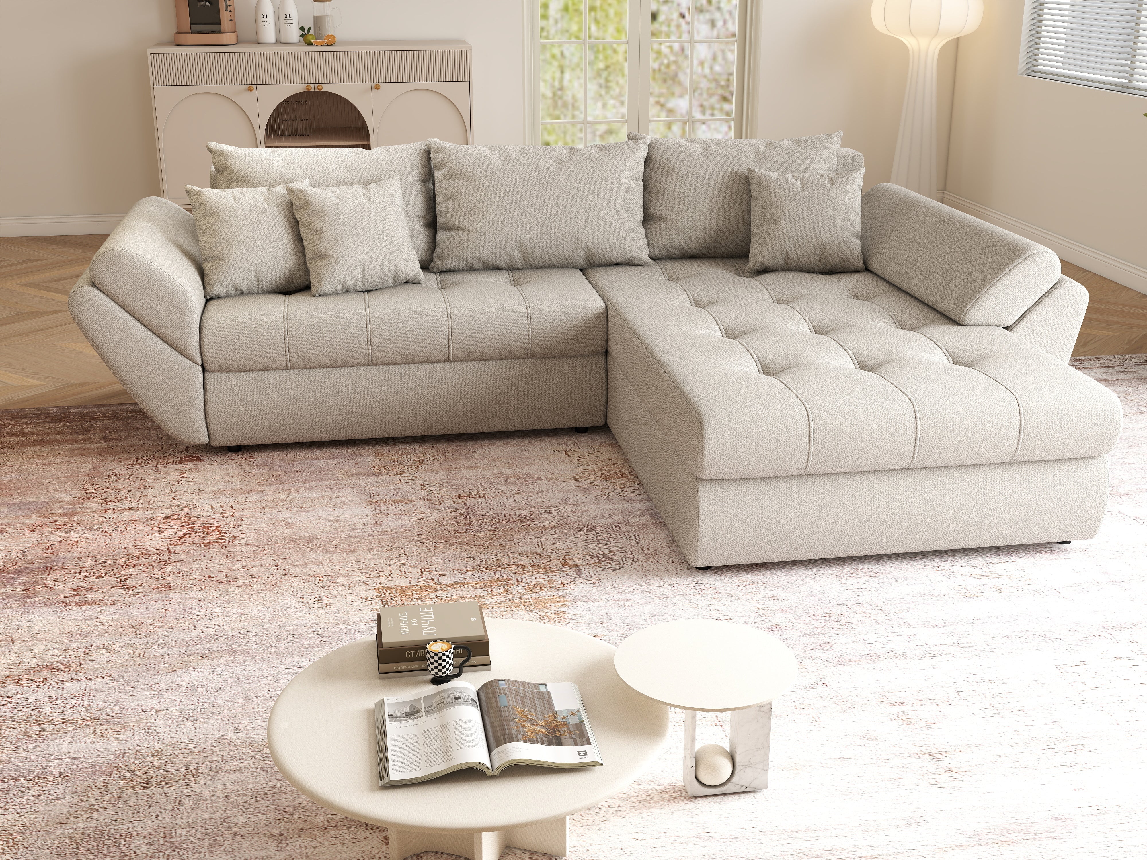 Colțar extensibil dumonde cu ladă de depozitare si sezut confortabil din spuma HR, Loana Enjoy Bej II 270x185 cm Fabrica