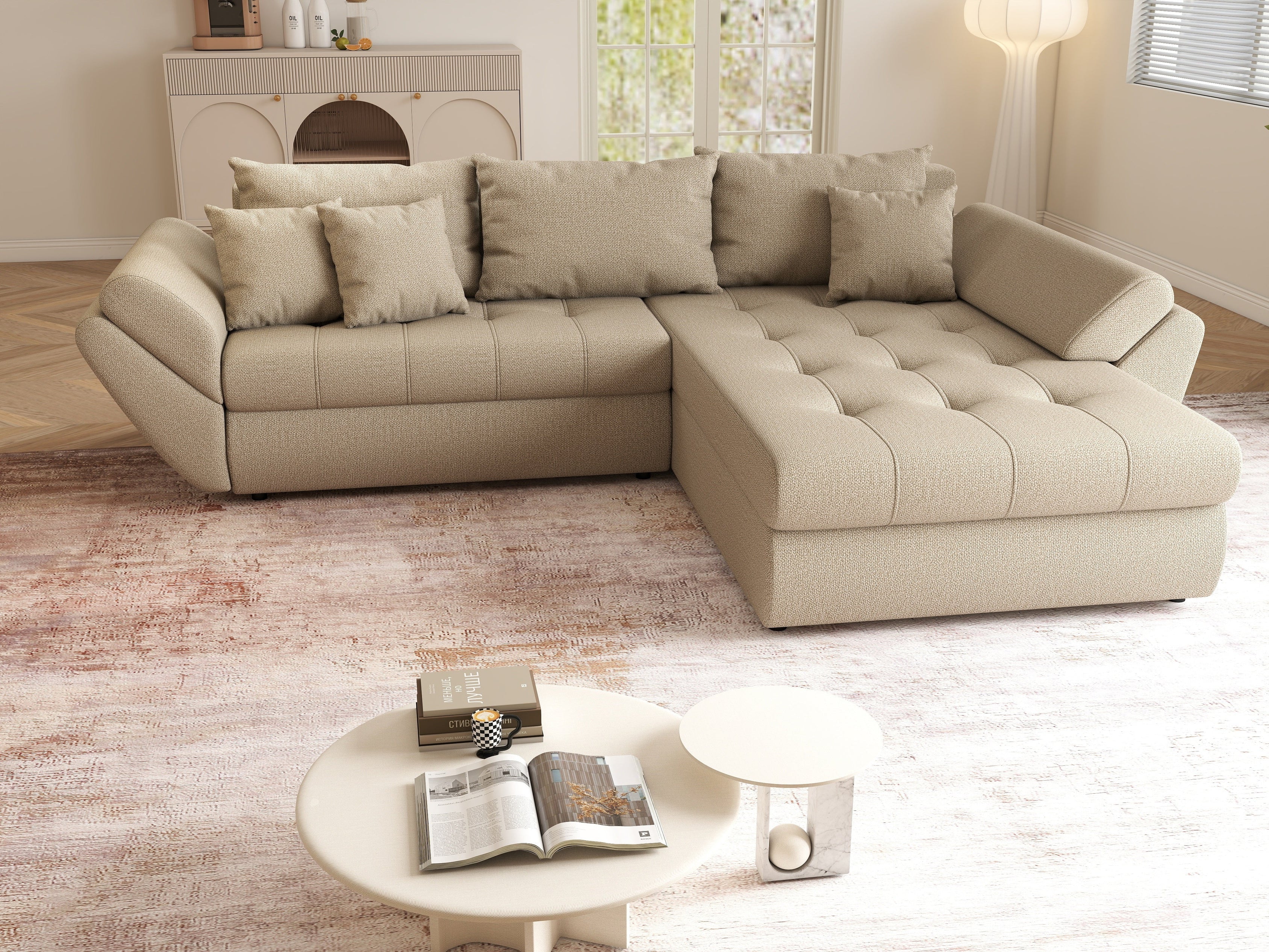 Colțar extensibil dumonde cu ladă de depozitare si sezut confortabil din spuma HR, Loana Enjoy Camel II 270x185 cm Fabrica