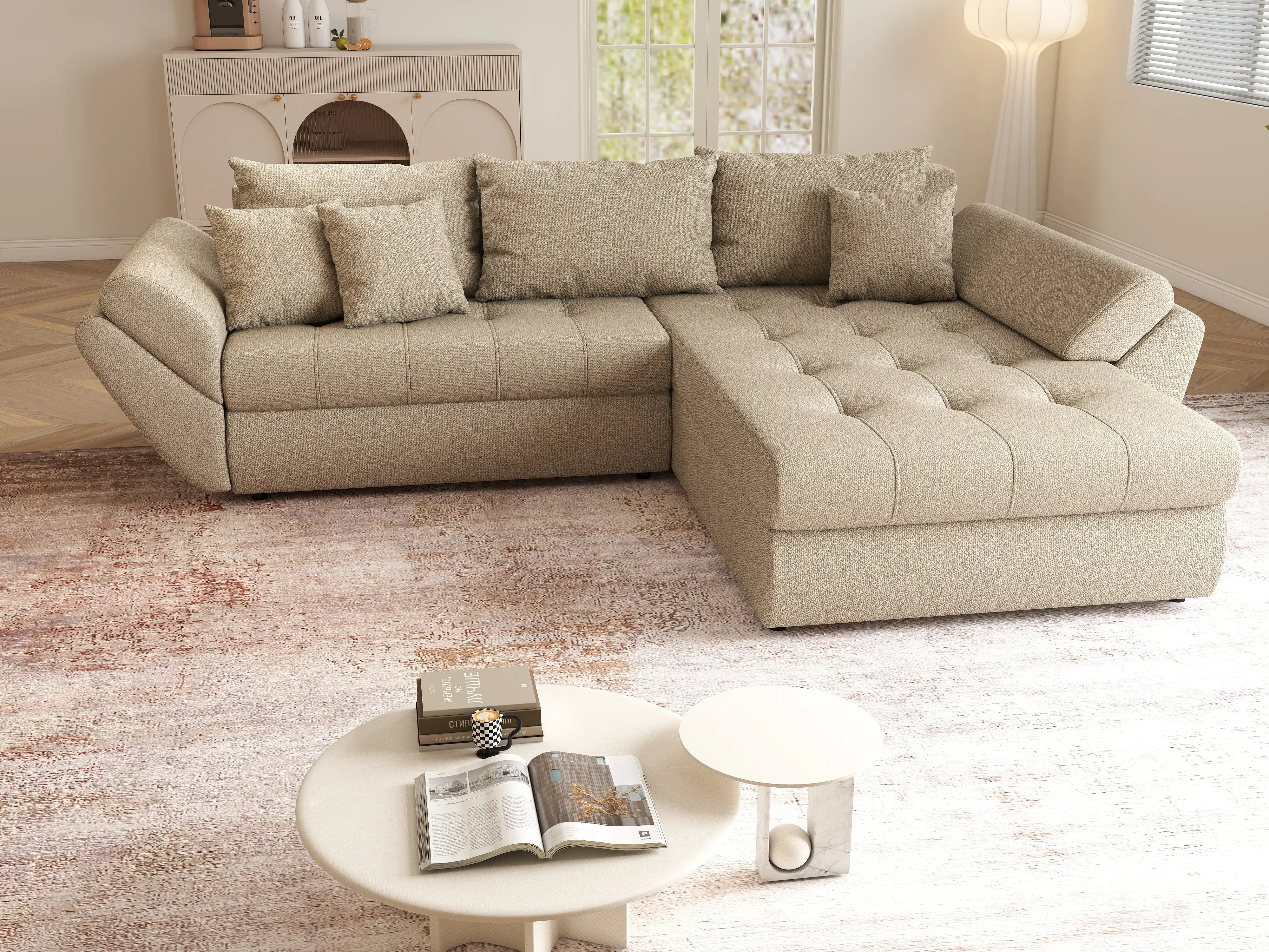 Colțar extensibil dumonde cu ladă de depozitare si sezut confortabil din spuma HR, Loana Camel II 270x185 cm Fabrica