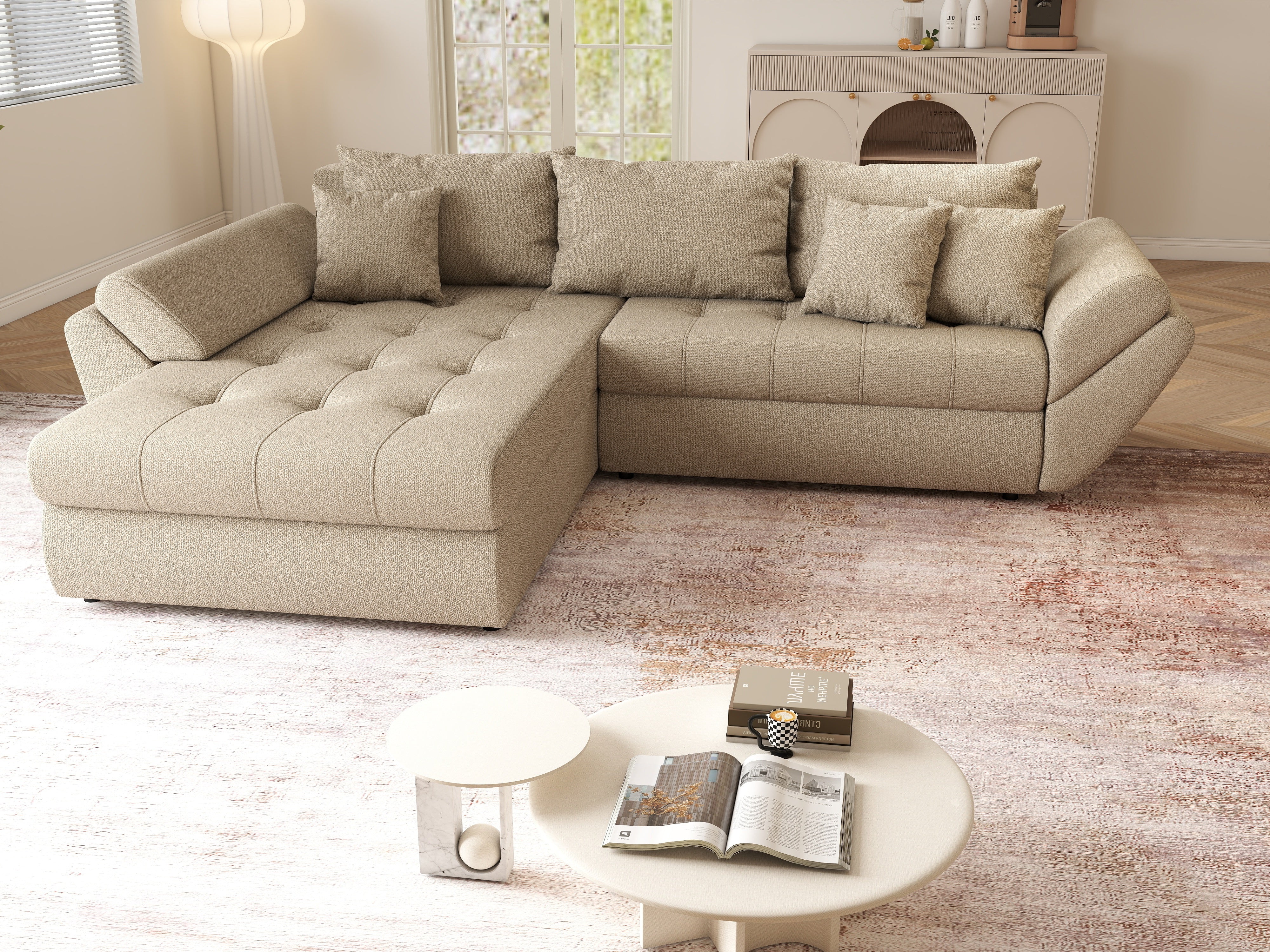 Colțar extensibil dumonde cu ladă de depozitare si sezut confortabil din spuma HR, Loana Enjoy Camel 270x185 cm Fabrica