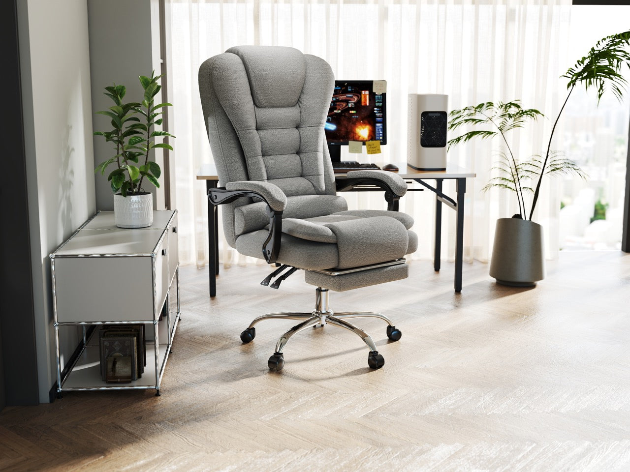 Scaun directorial Dumonde FURY, cotiere 3D, mecanism multifuncționa, suport picioare, stofa gri