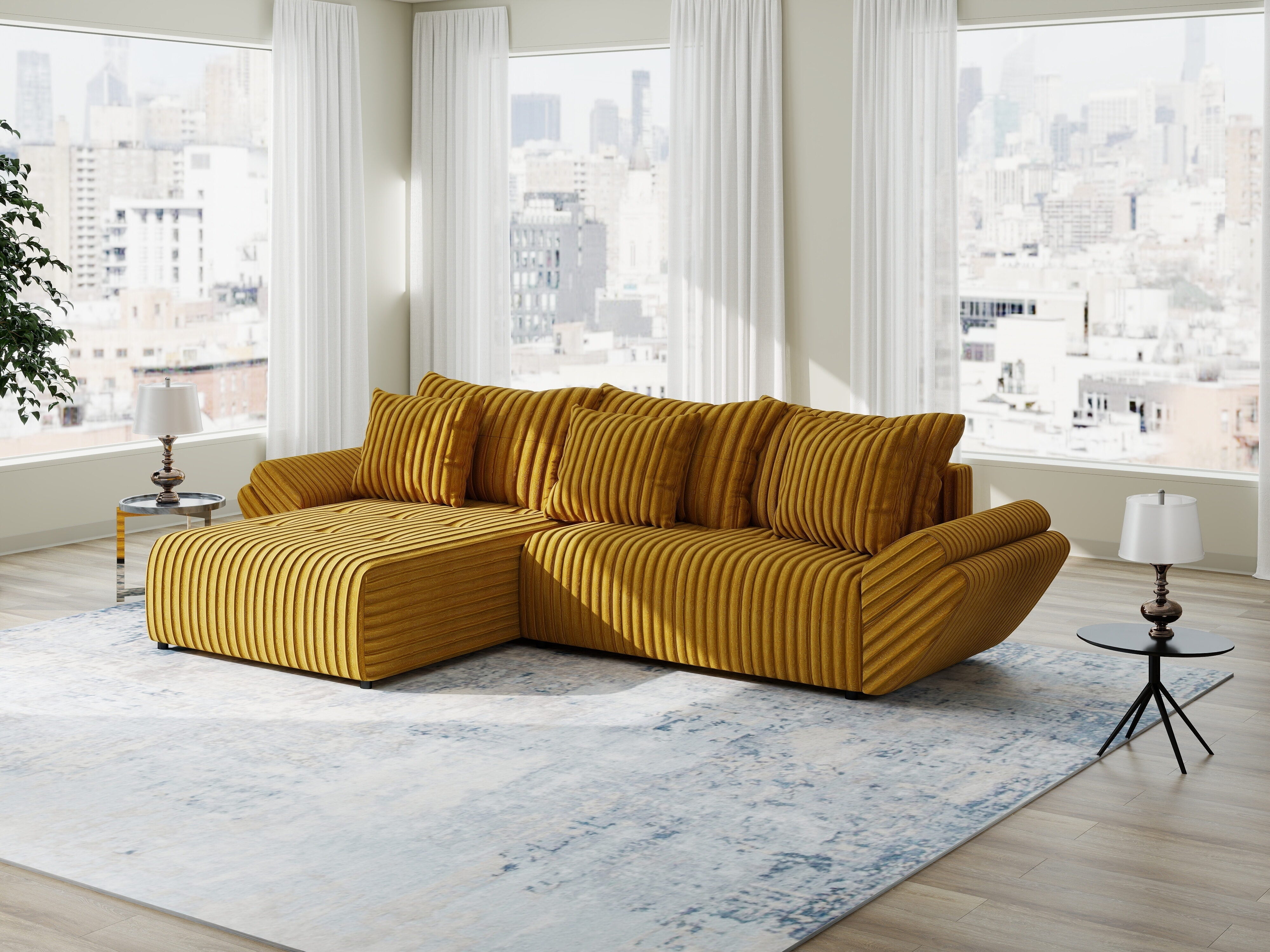 Colțar extensibil dumonde cu ladă de depozitare si sezut confortabil din spuma HR, Berlin Ambience Mustar 280x185 cm