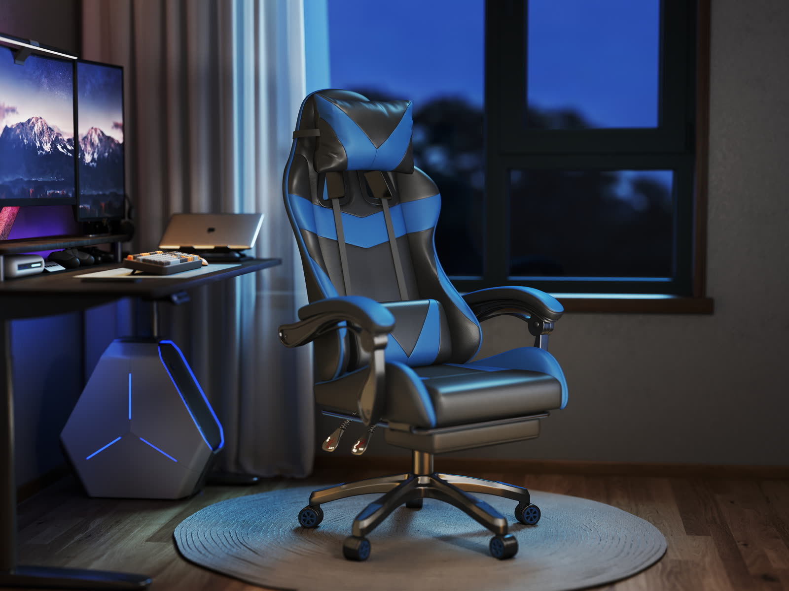 Scaun gaming Dumonde VALKYRIE, mecanism multifuncțional, ecopiele, suport picioare, albastru/negru