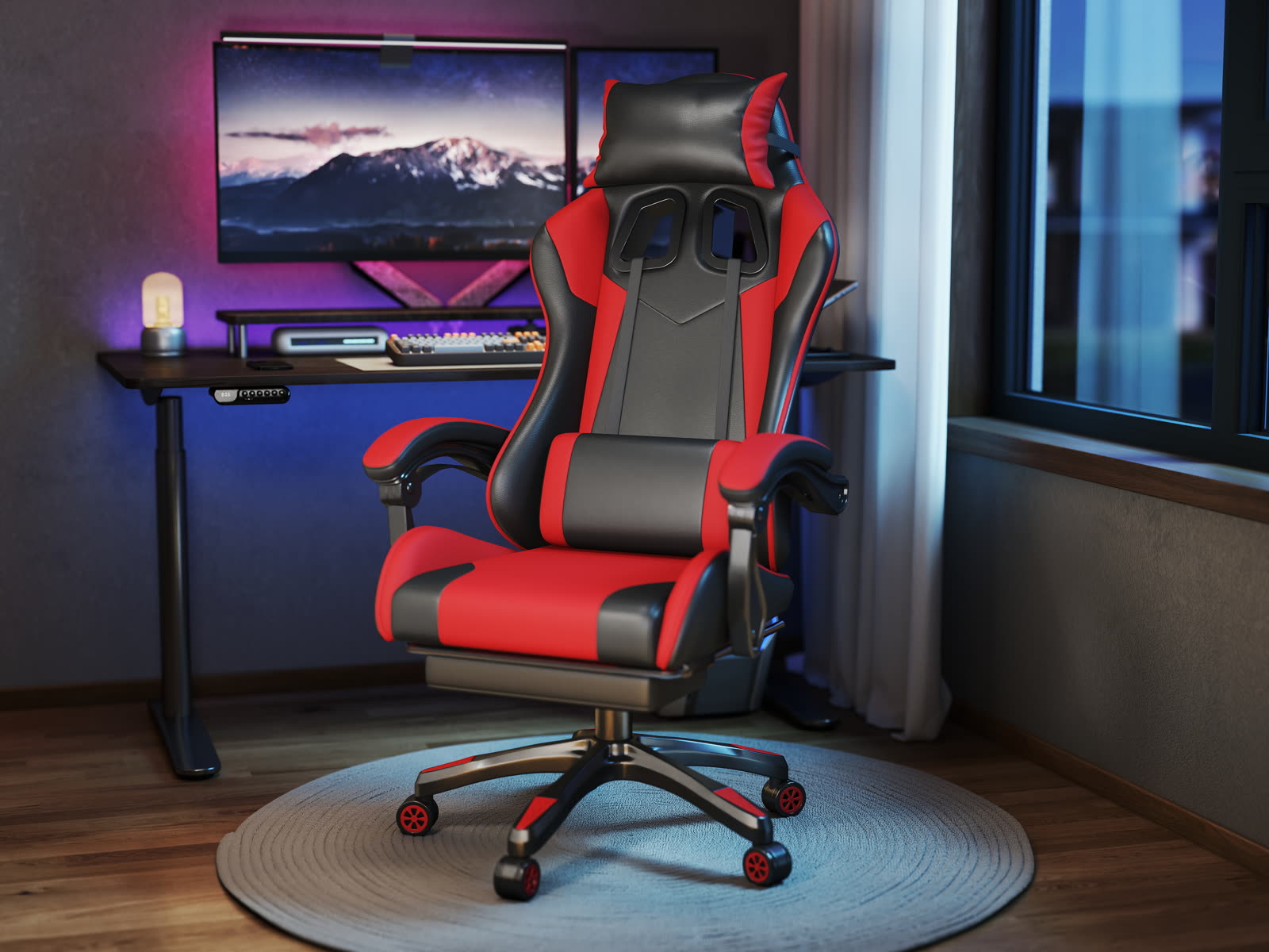 Scaun gaming Dumonde PHANTOM, mecanism multifuncțional, ecopiele, suport picioare, rosu/negru