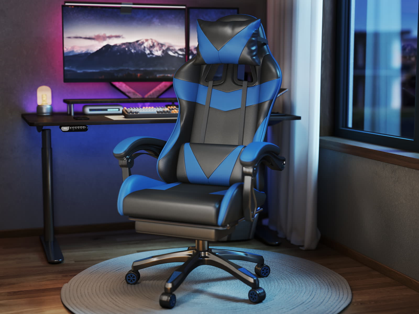 Scaun gaming Dumonde VALKYRIE, mecanism multifuncțional, ecopiele, suport picioare, albastru/negru