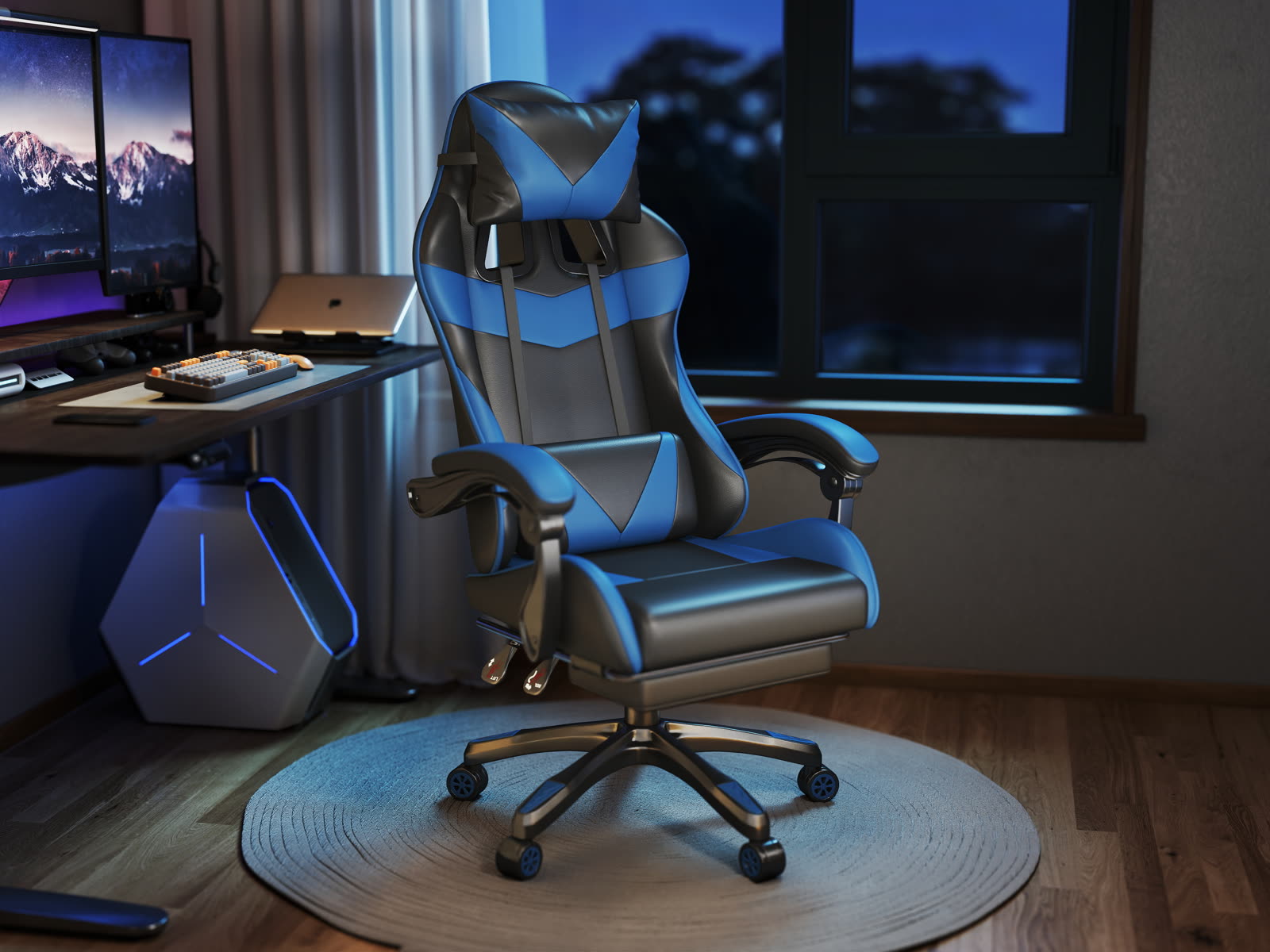 Scaun gaming Dumonde VALKYRIE, mecanism multifuncțional, ecopiele, suport picioare, albastru/negru