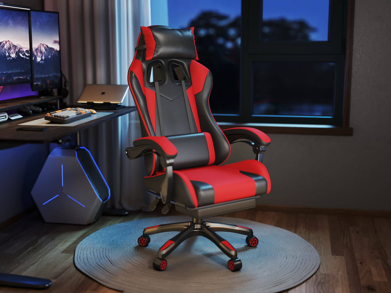 Scaun gaming Dumonde PHANTOM, mecanism multifuncțional, ecopiele, suport picioare, rosu/negru