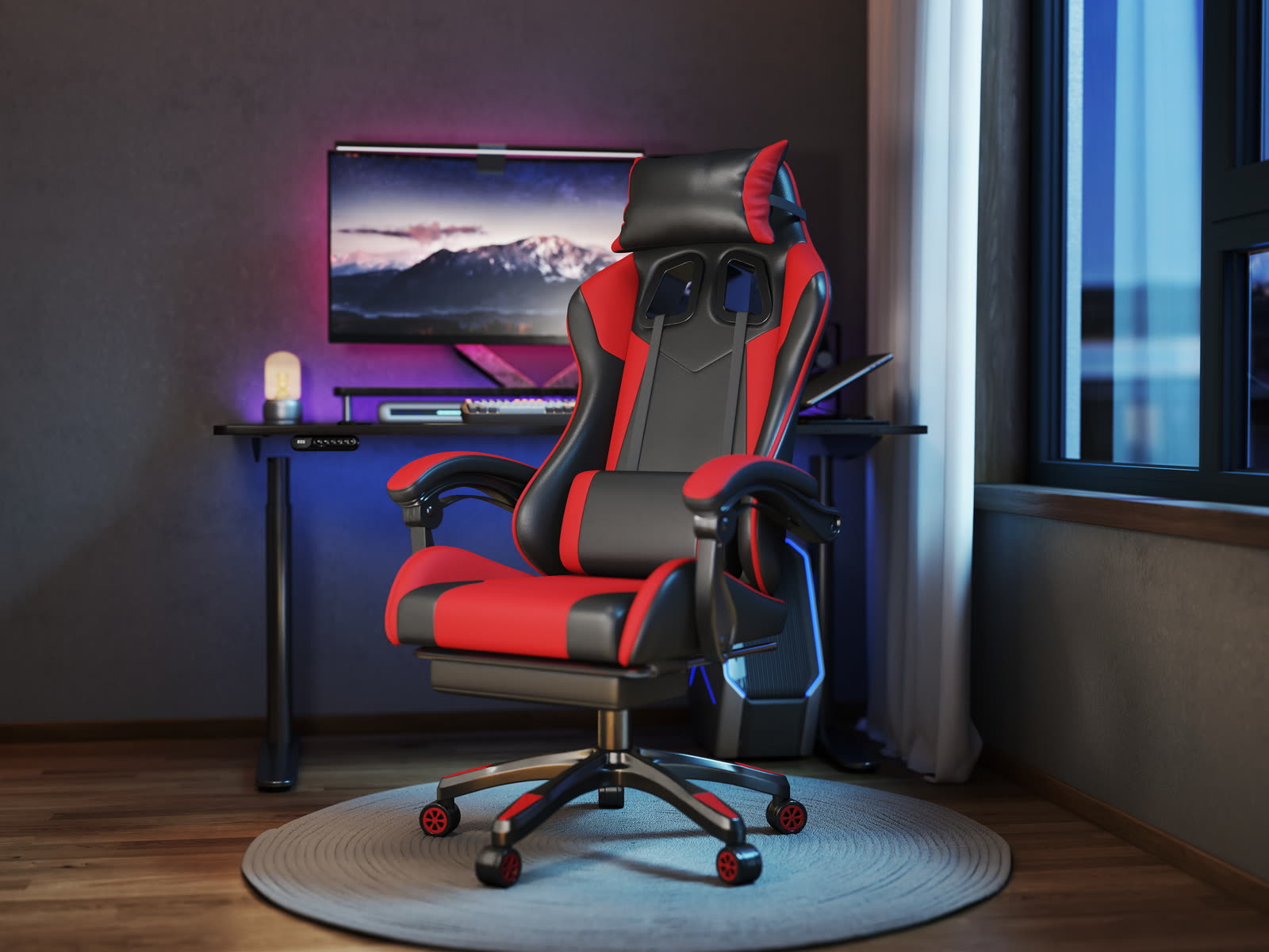 Scaun gaming Dumonde PHANTOM, mecanism multifuncțional, ecopiele, suport picioare, rosu/negru