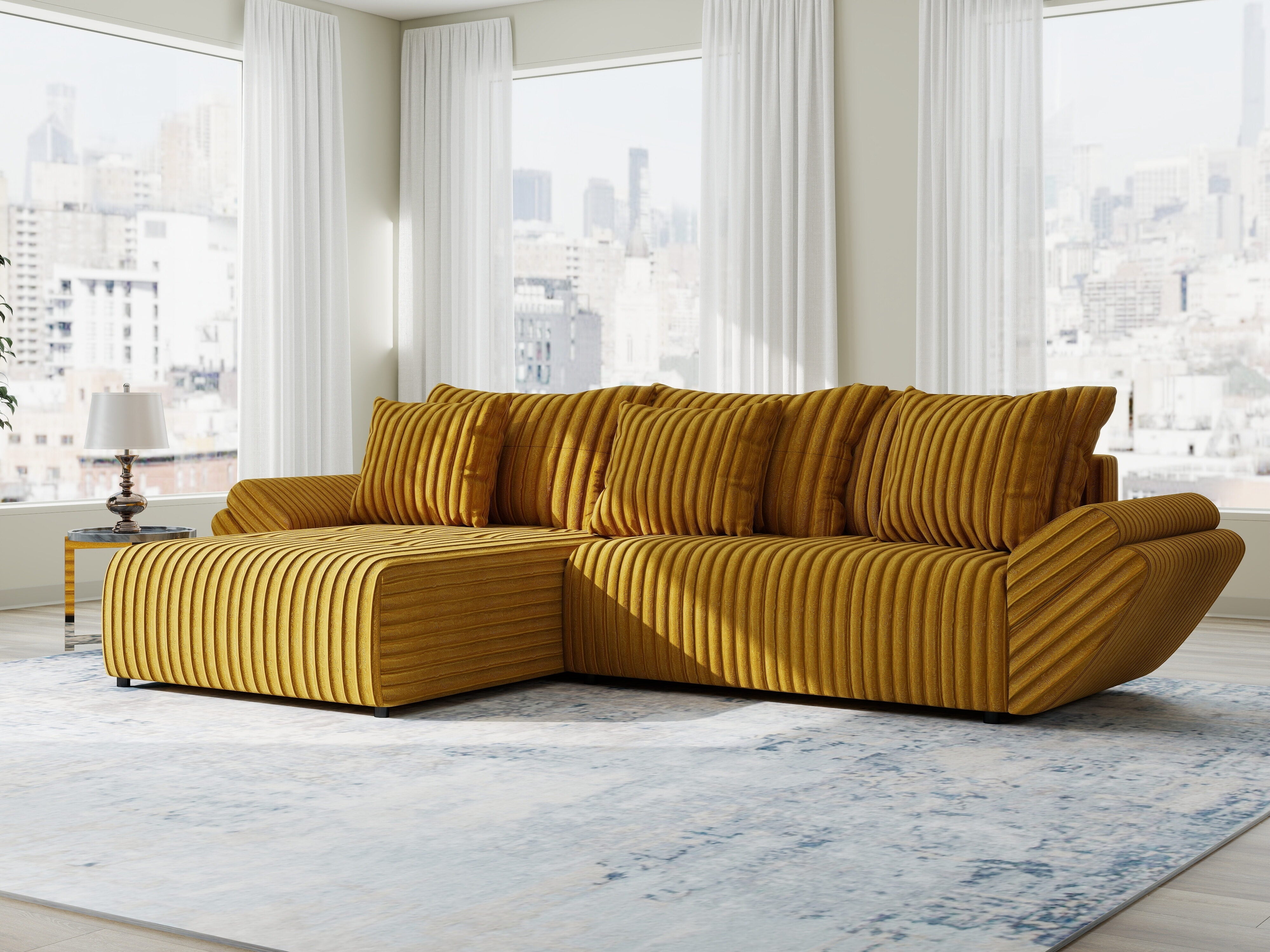 Colțar extensibil dumonde cu ladă de depozitare si sezut confortabil din spuma HR, Berlin Ambience Mustar 280x185 cm