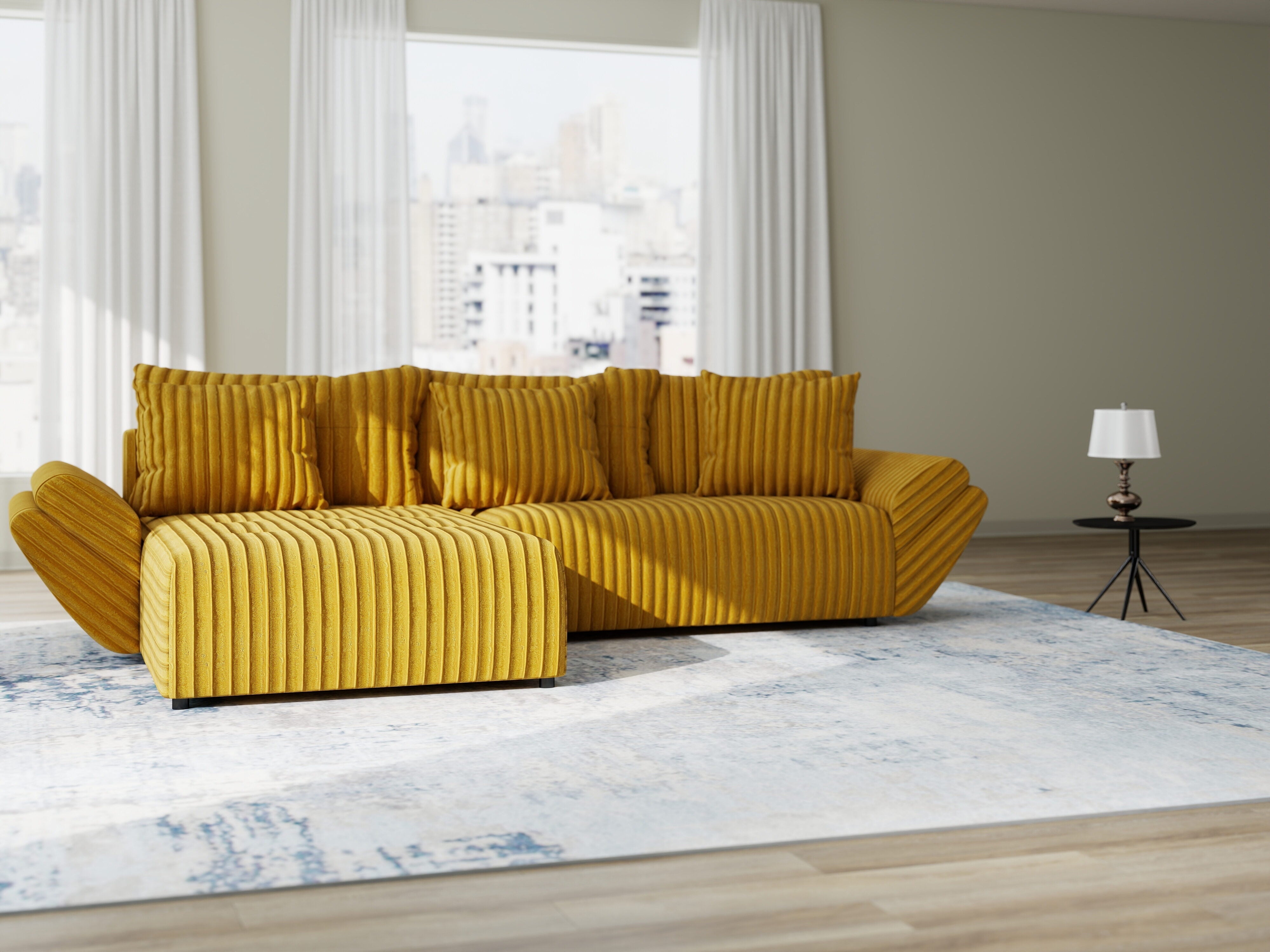 Colțar extensibil dumonde cu ladă de depozitare si sezut confortabil din spuma HR, Berlin Ambience Mustar 280x185 cm