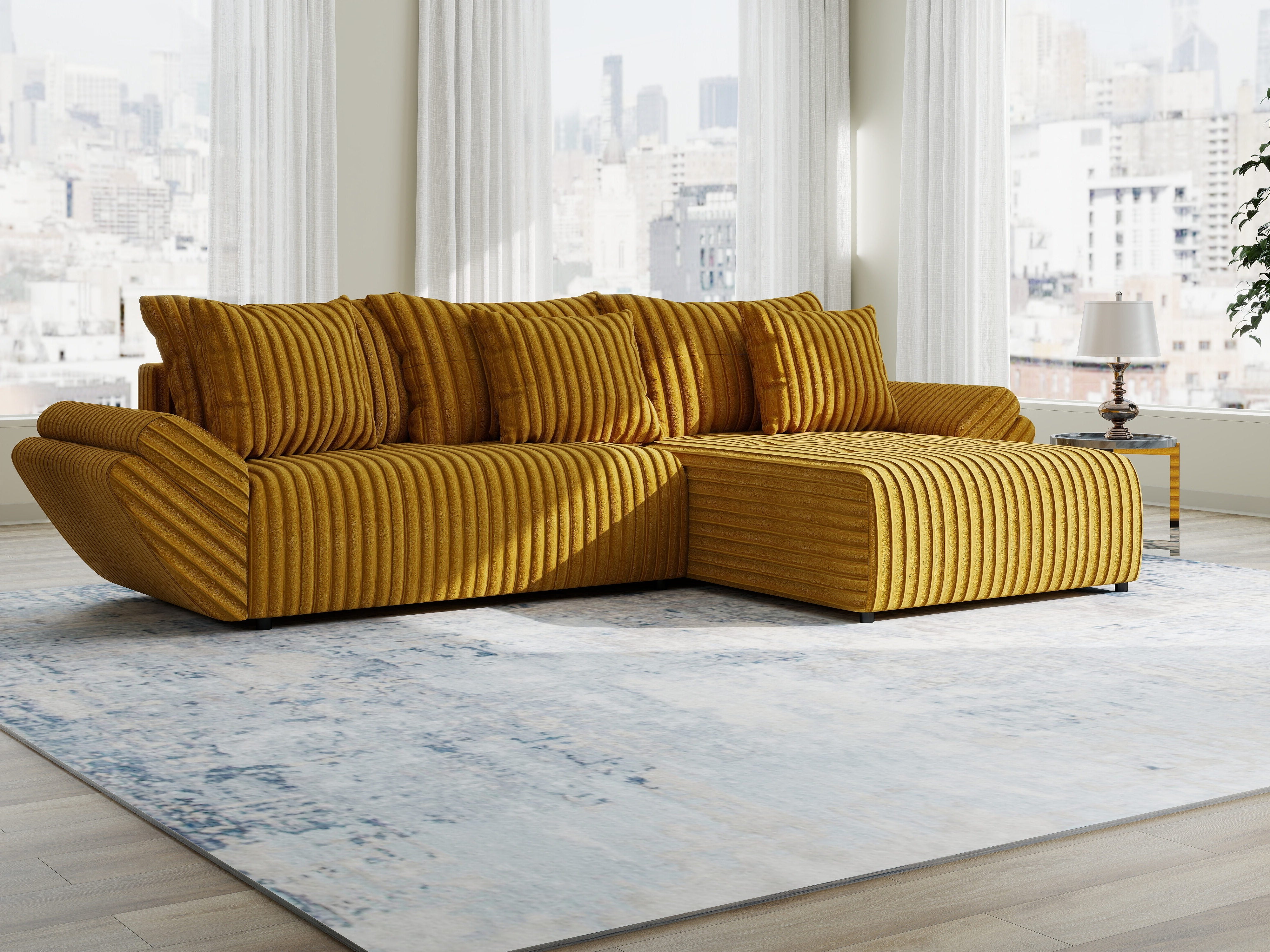 Colțar extensibil dumonde cu ladă de depozitare si sezut confortabil din spuma high-density, Berlin Ambience Mustar 280x185 cm II