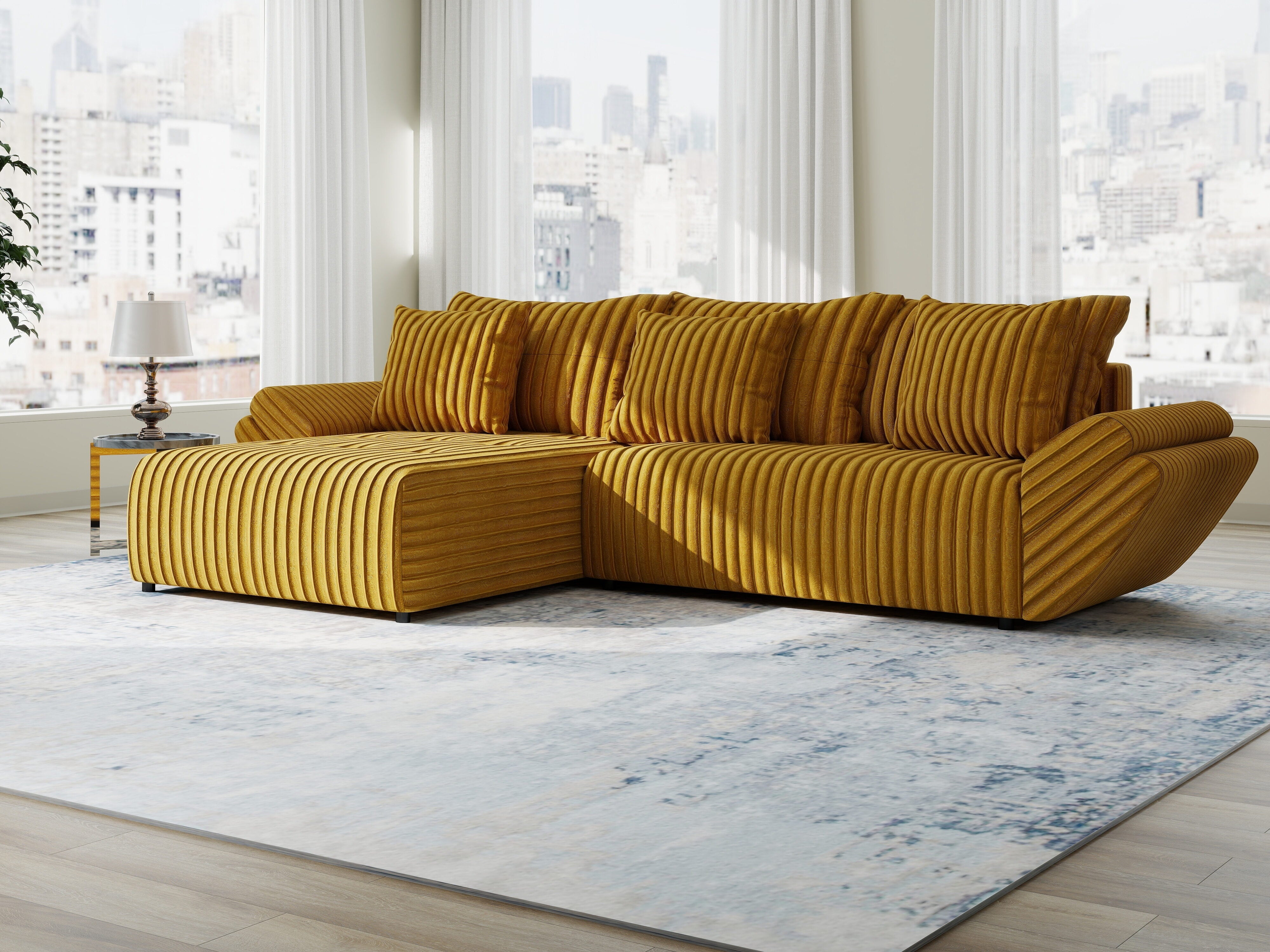 Colțar extensibil dumonde cu ladă de depozitare si sezut confortabil din spuma HR, Berlin Ambience Mustar 280x185 cm