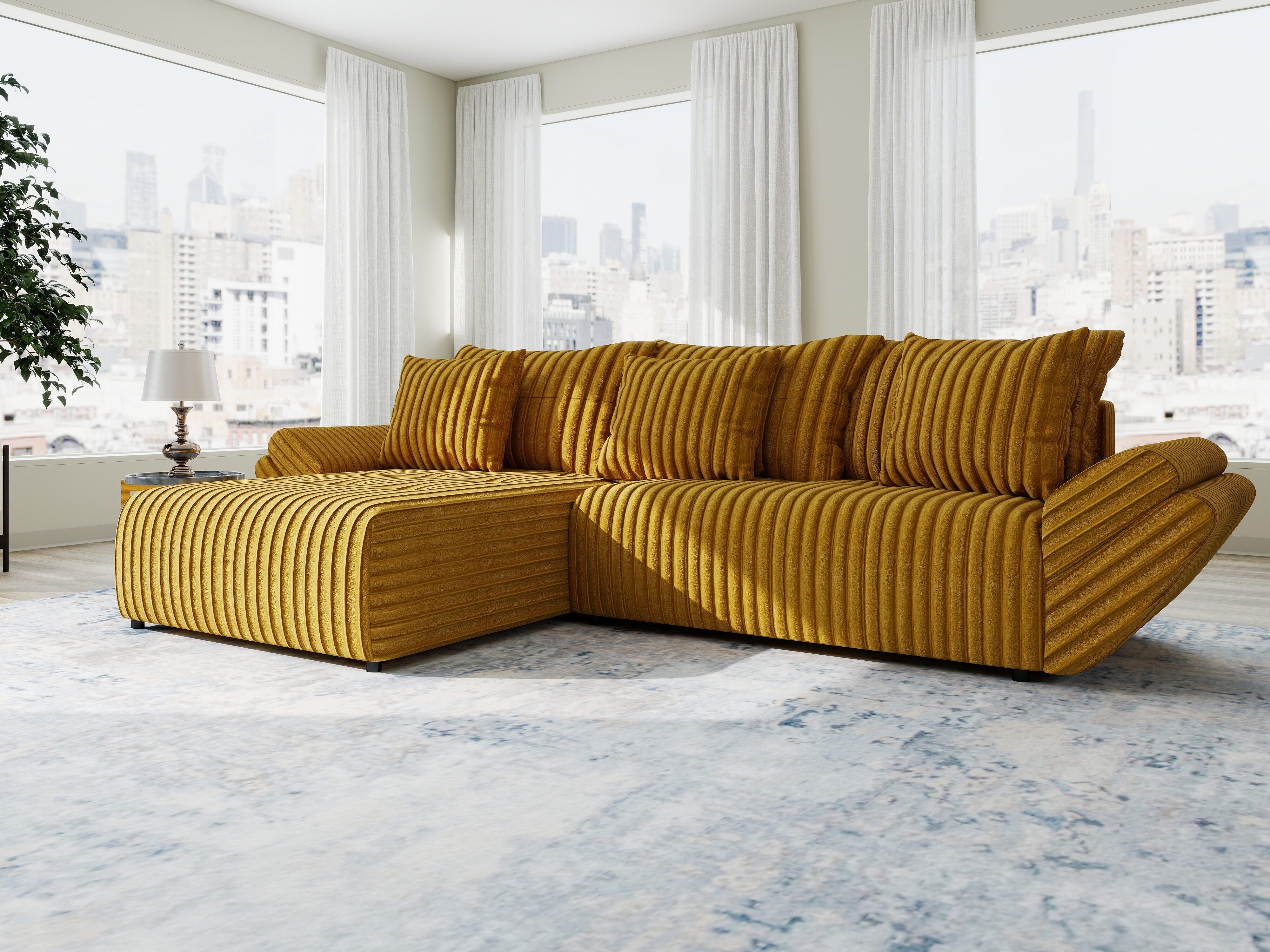 Colțar extensibil dumonde cu ladă de depozitare si sezut confortabil din spuma HR, Berlin Ambience Mustar 280x185 cm