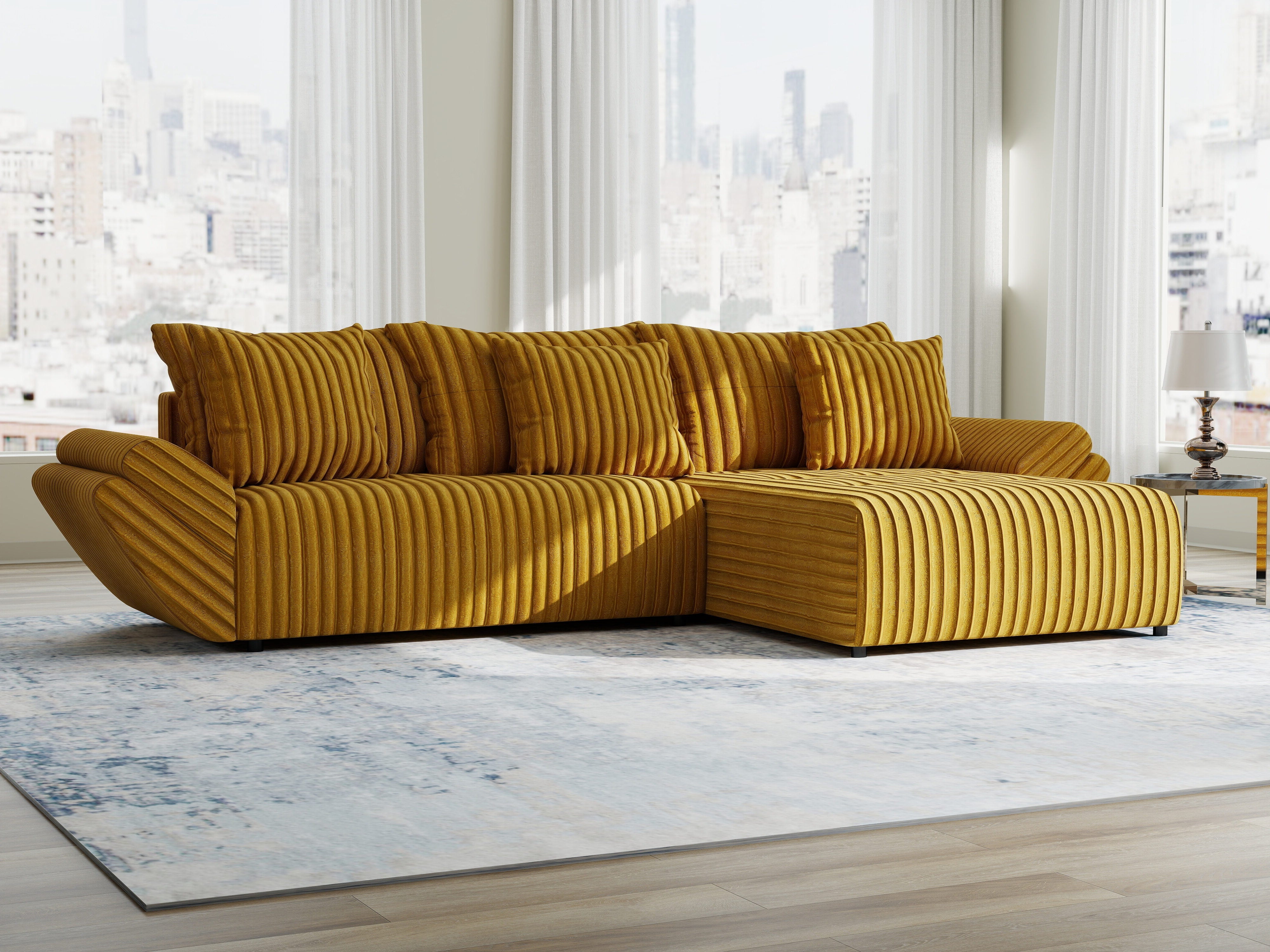 Colțar extensibil dumonde cu ladă de depozitare si sezut confortabil din spuma high-density, Berlin Ambience Mustar 280x185 cm II