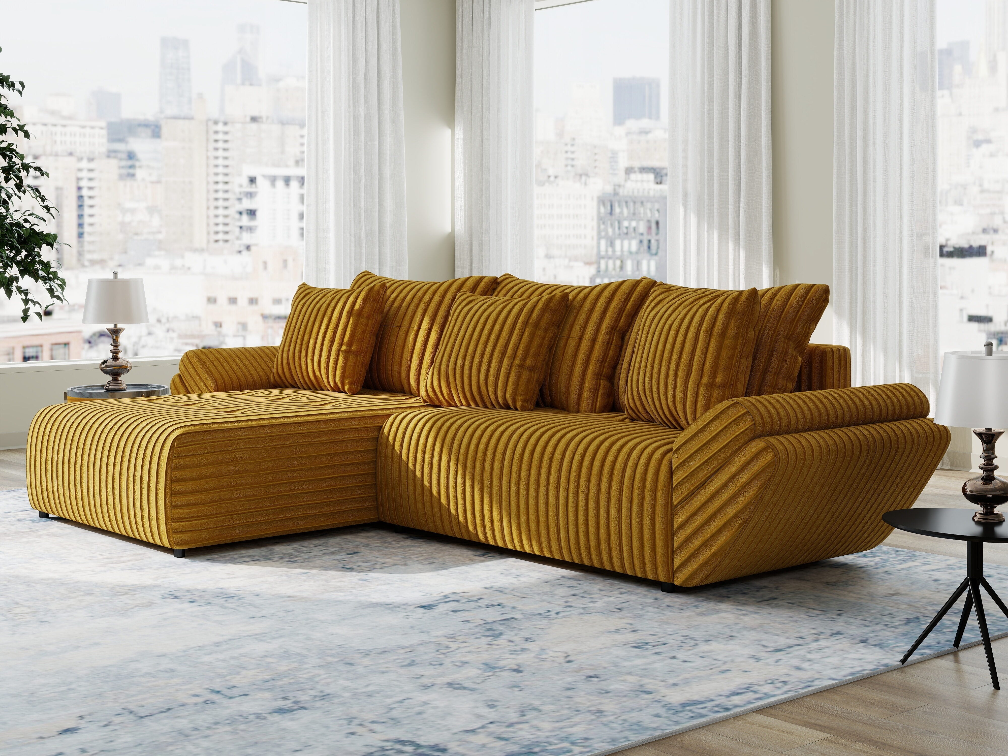 Colțar extensibil dumonde cu ladă de depozitare si sezut confortabil din spuma HR, Berlin Ambience Mustar 280x185 cm