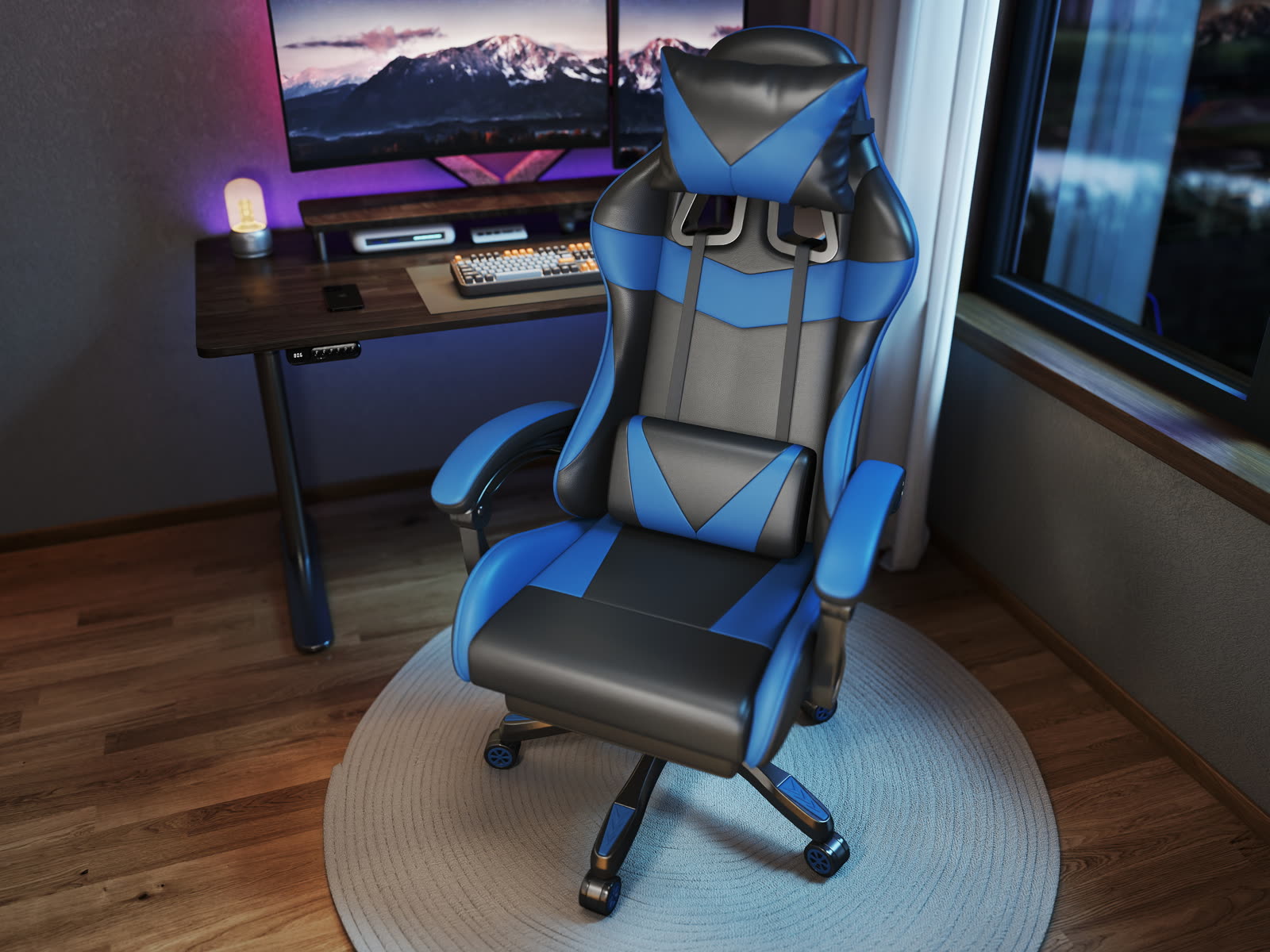 Scaun gaming Dumonde VALKYRIE, mecanism multifuncțional, ecopiele, suport picioare, albastru/negru