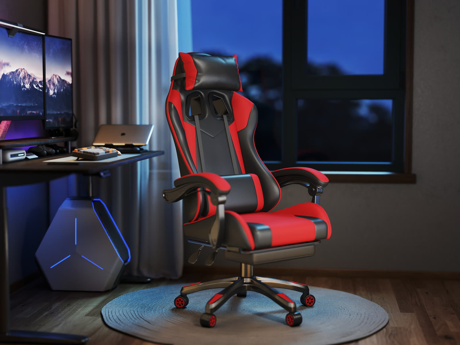 Scaun gaming Dumonde PHANTOM, mecanism multifuncțional, ecopiele, suport picioare, rosu/negru