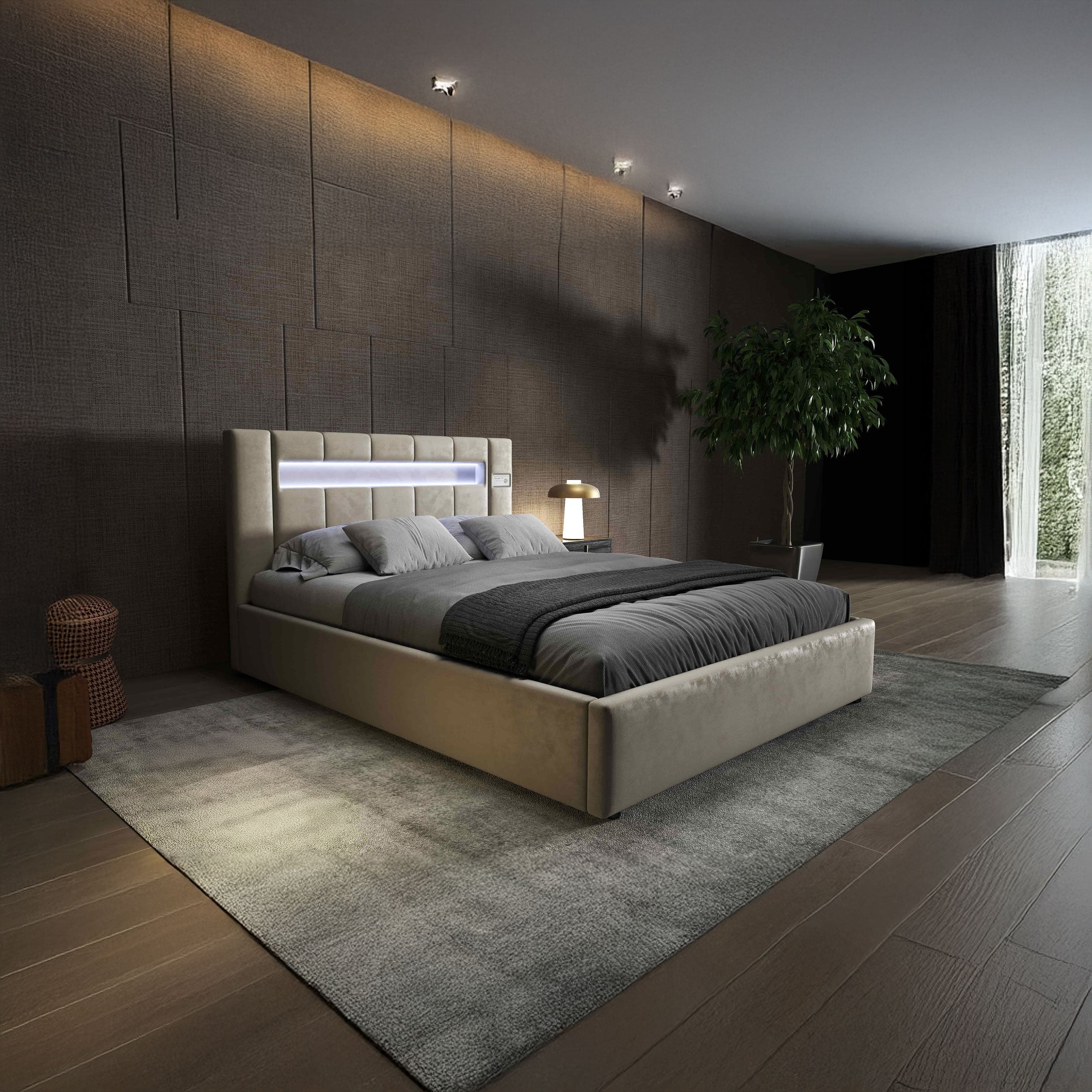 Pat dormitor dumonde, tapitat bej, Glow 180x200 cm, somiera rabatabila inclusa, spatiu depozitare WLS