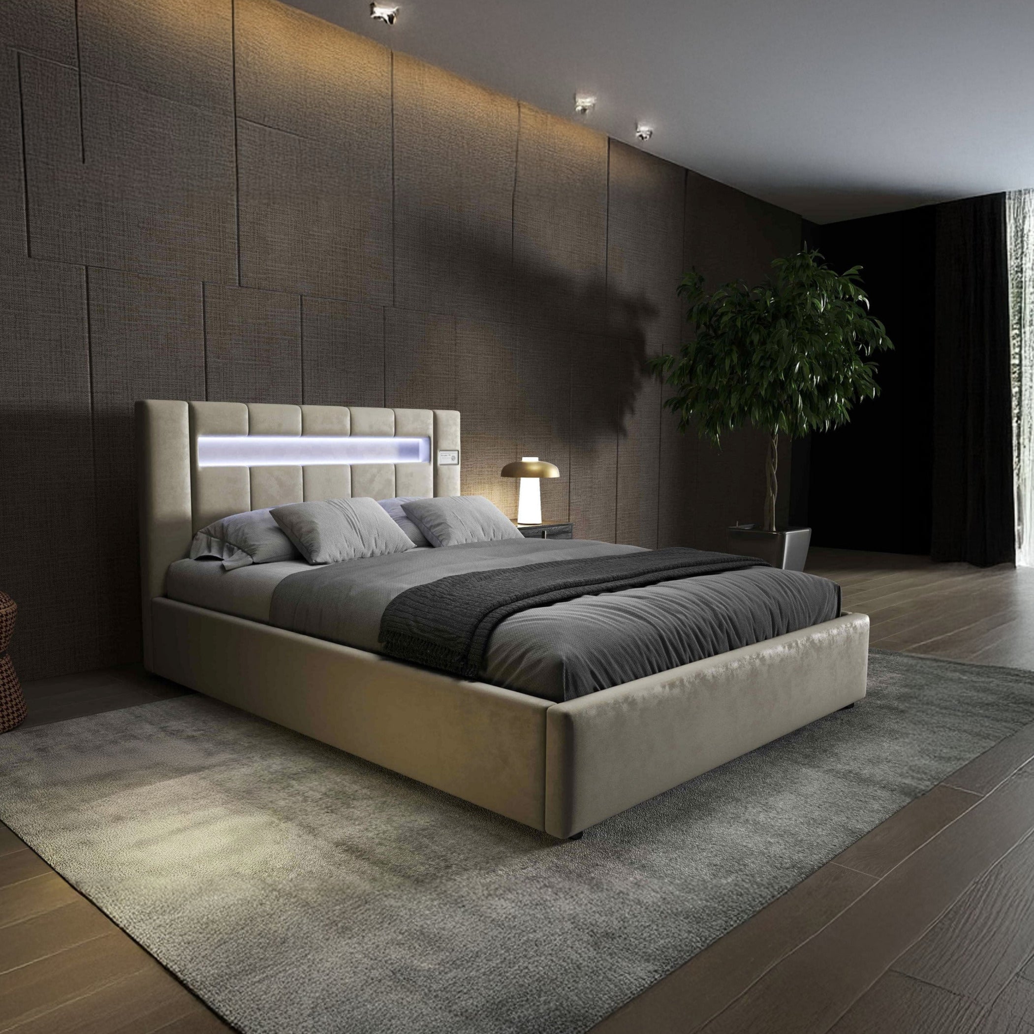 Pat dormitor dumonde, tapitat bej, Glow 140x200 cm, somiera rabatabila inclusa, spatiu depozitare WLS