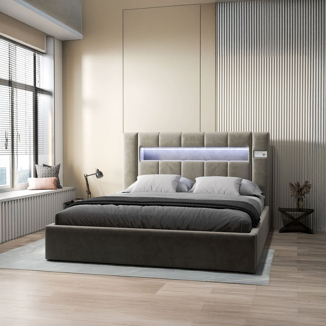 Pat dormitor dumonde, tapitat bej, Glow 180x200 cm, somiera rabatabila inclusa, spatiu depozitare