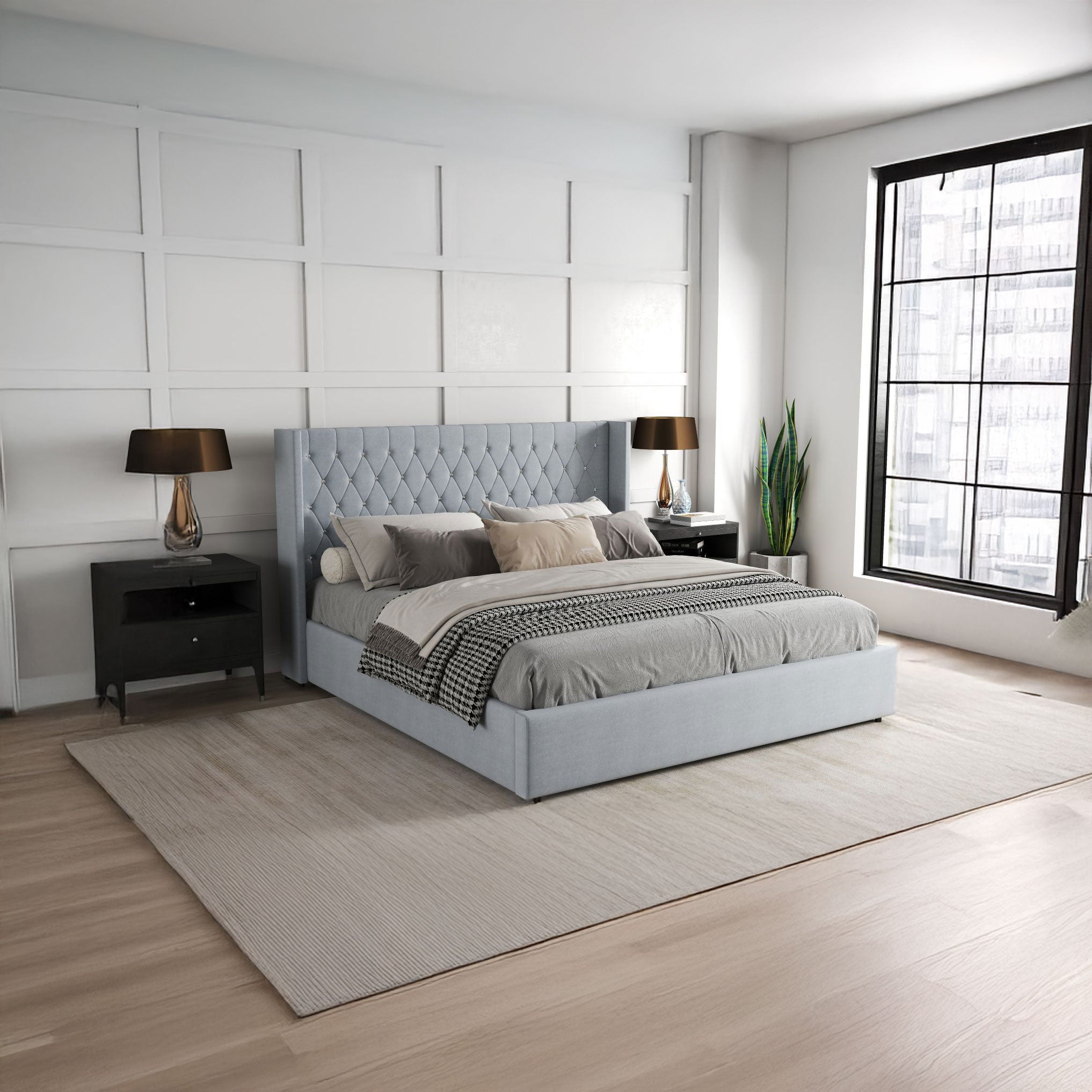 Pat dormitor dumonde, tapitat gri, Venice 160x200 cm, somiera rabatabila inclusa, spatiu depozitare WLS