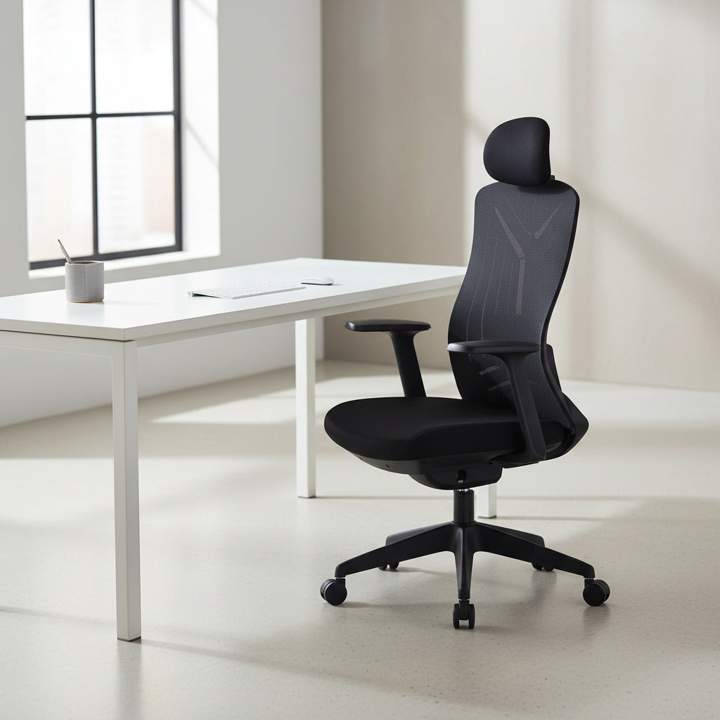 Scaun ergonomic profesional Core dumonde cu tetiera reglabila, mecanism multifunctional inclinare/blocare, cotiere ultra moi, MESH, negru