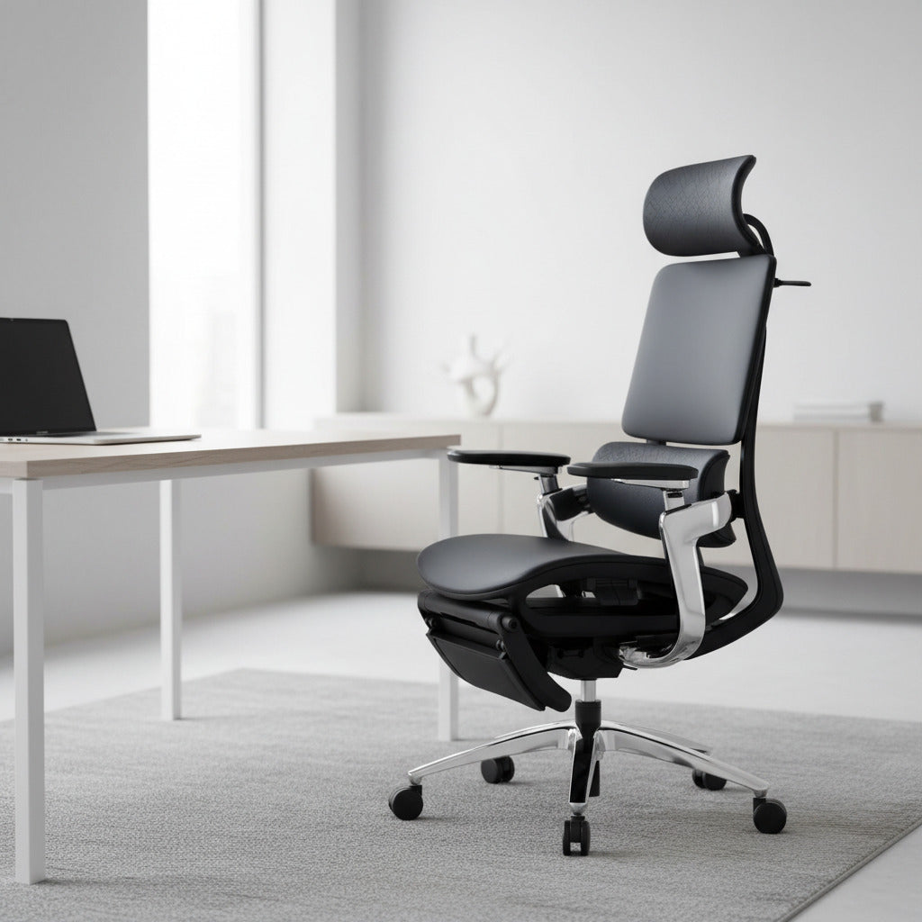 Scaun ergonomic profesional Nexus dumonde cu suport lombar dinamic, cotiere 4D ultra moi, mecanism multifunctional inclinare/blocare, suport picoare, negru