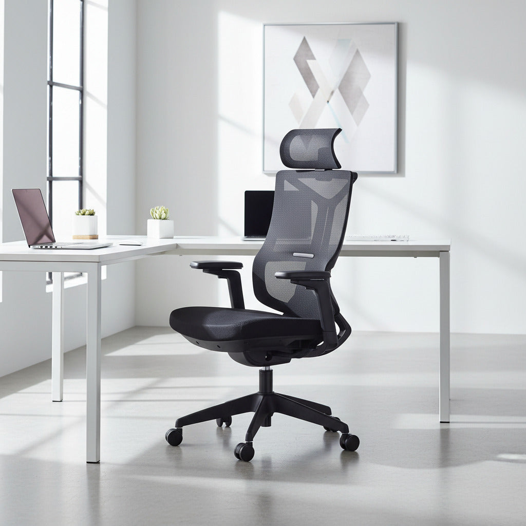 Scaun ergonomic profesional Verto dumonde cu tetiera reglabila, mecanism multifunctional inclinare/blocare, cotiere 3D ultra moi, MESH negru