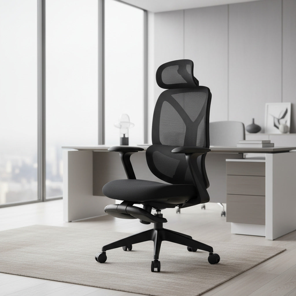 Scaun ergonomic profesional Nova dumonde cu tetiera reglabila 3D, suport lombar mesh, cotiere 3D ultra moi, mecanism multifunctional inclinare/blocare, suport picoare, negru