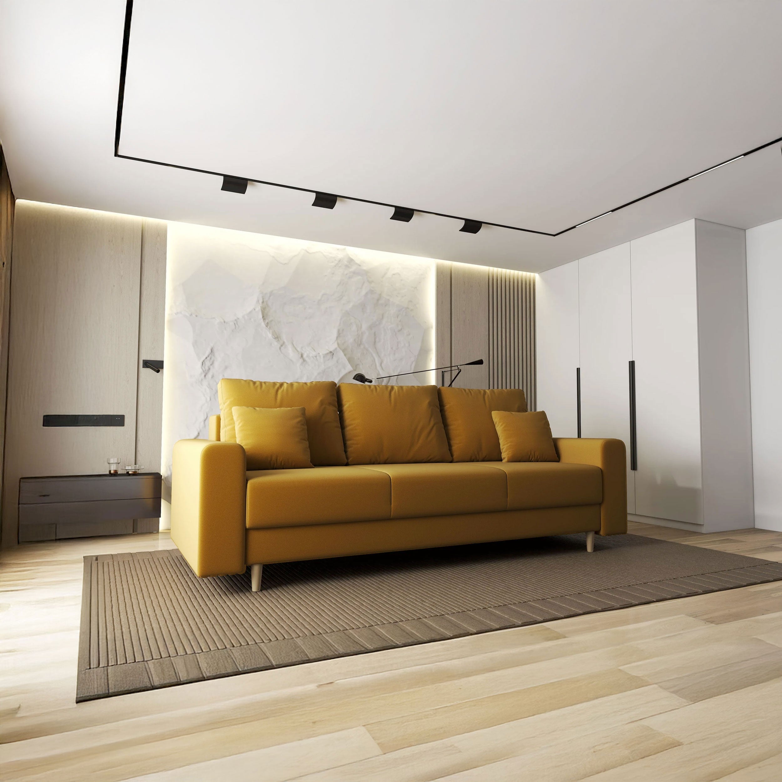 Canapea extensibilă dumonde cu ladă de depozitare si sezut confortabil din spuma HR, Kronos Royal Mustar 210x100 cm fabrica