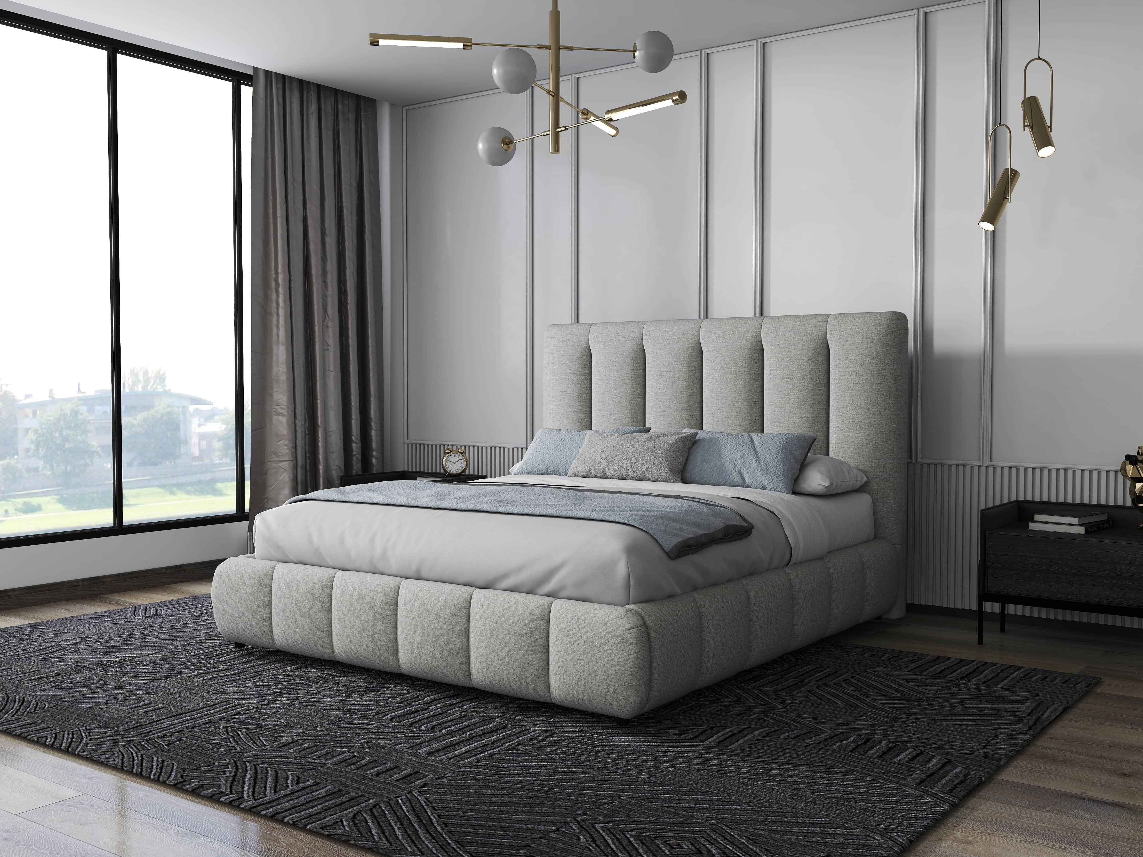 Pat dormitor dumonde, tapitat gri, Divaneo 160x200 cm, somiera rabatabila inclusa, spatiu depozitare WLS