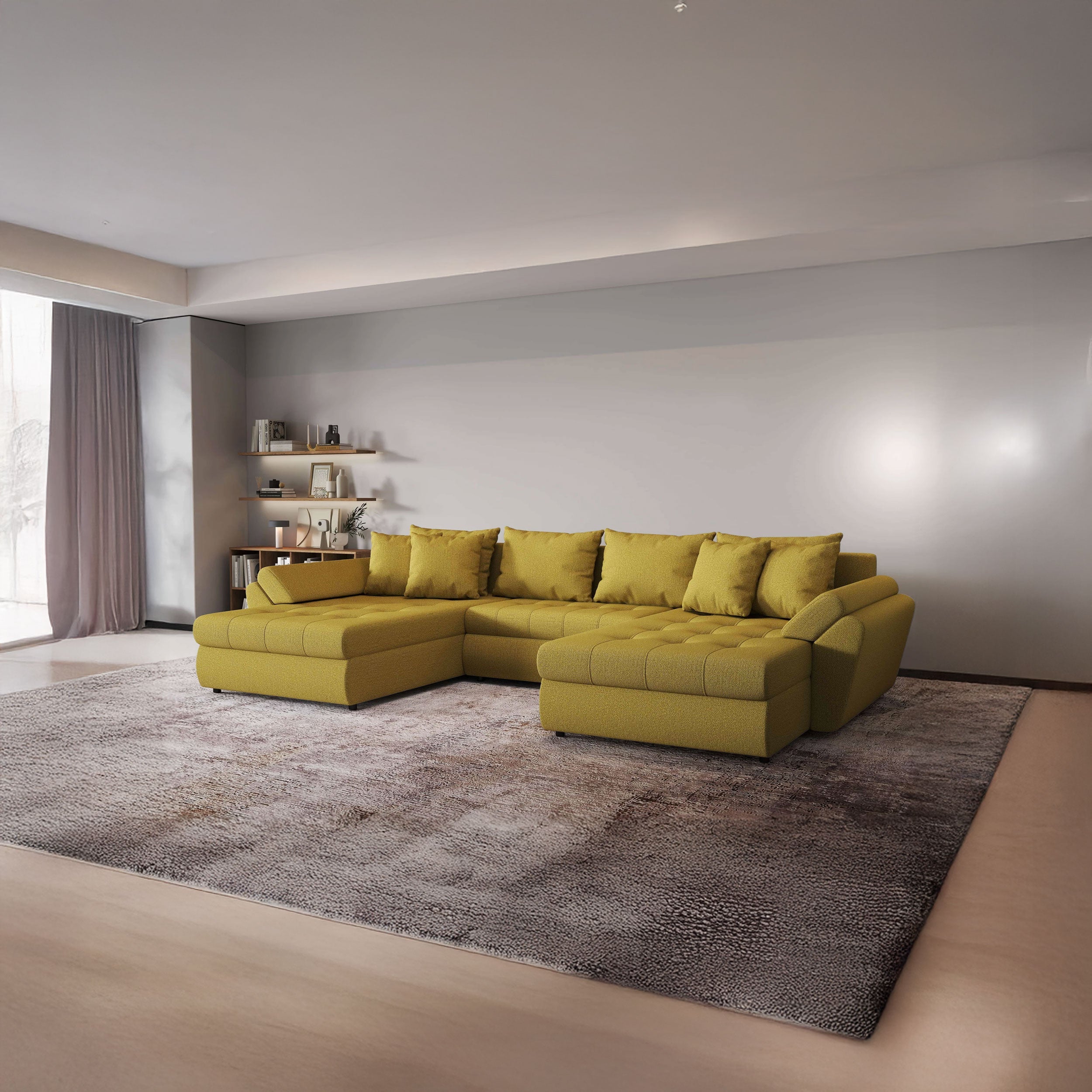 Colțar extensibil dumonde cu ladă de depozitare si sezut confortabil din spuma HR, Loana U Enjoy Melon 355x185 cm Fabrica