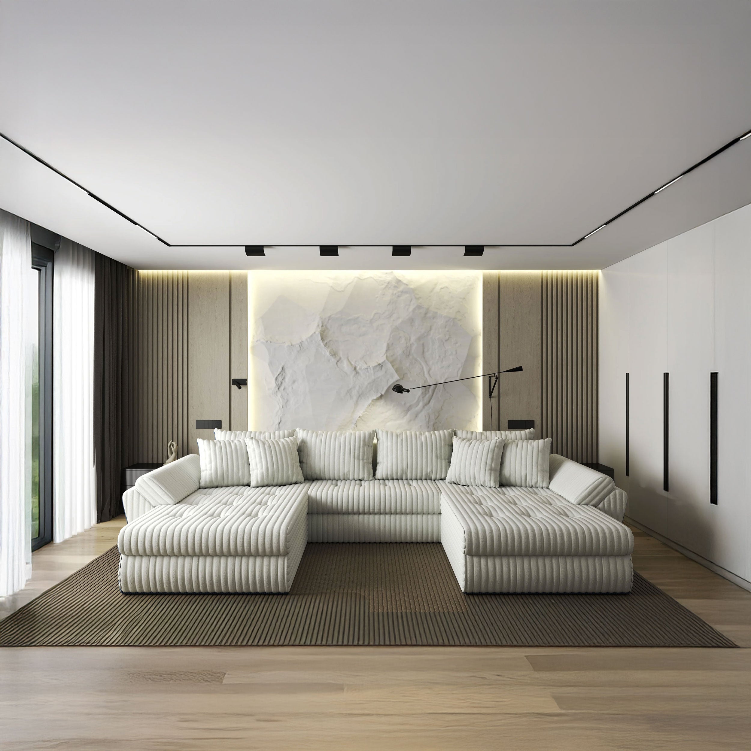 Colțar extensibil dumonde cu ladă de depozitare si sezut confortabil din spuma HR, Loana U Ambience Ivory 355x185 cm Fabrica